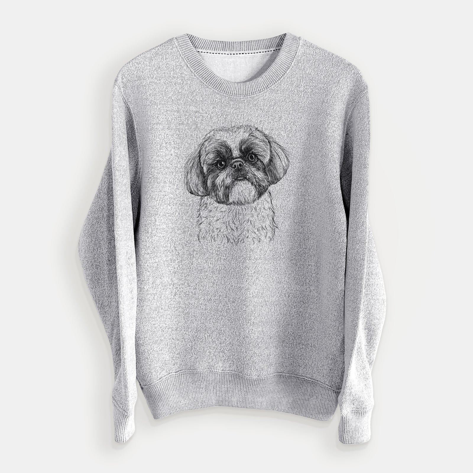Hand-drawn sketch of Simon the Shih Tzu on a Salt Pepper knit sweatshirt