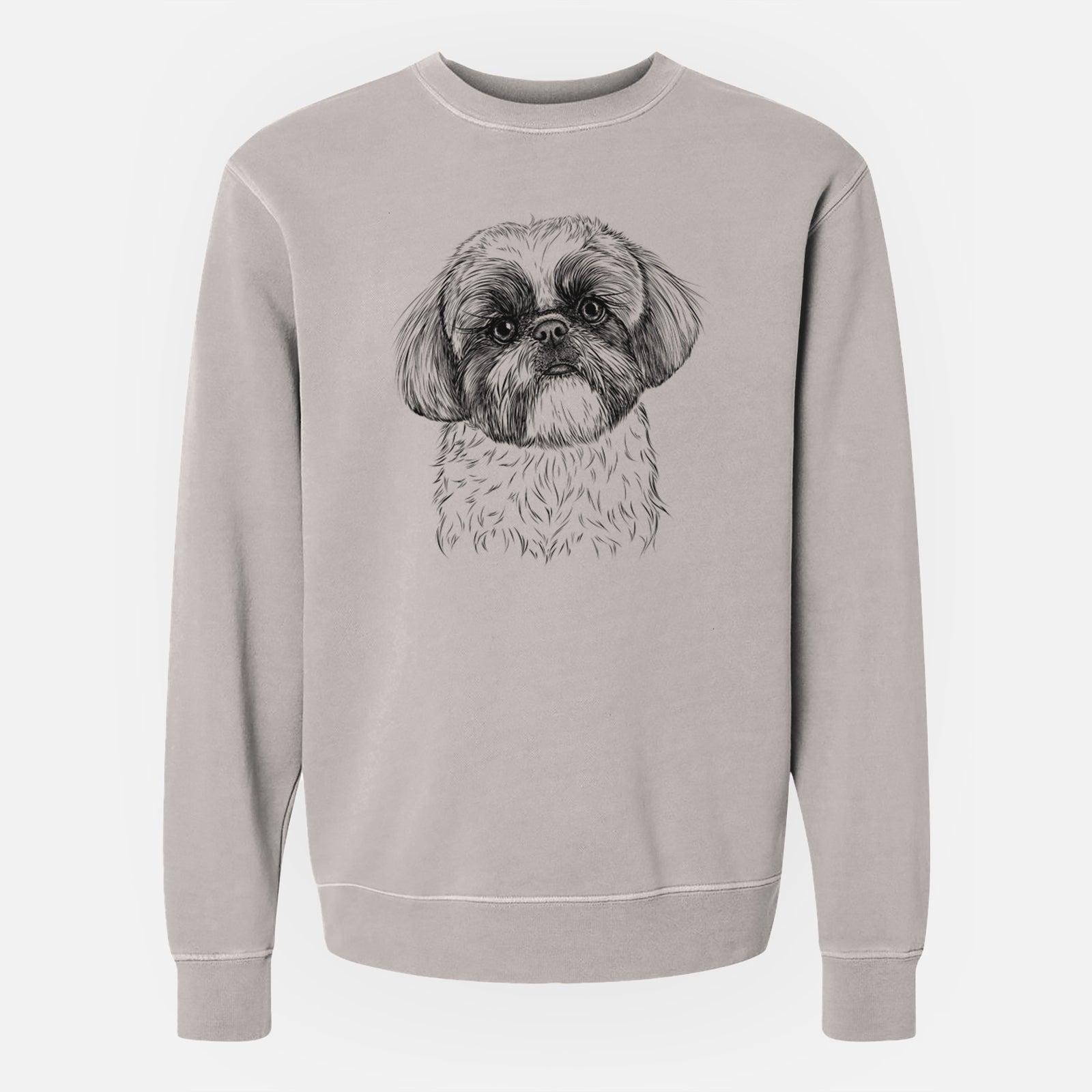 Hand-drawn sketch of Simon the Shih Tzu on a Cement Unisex pigment dyed crew sweatshirt