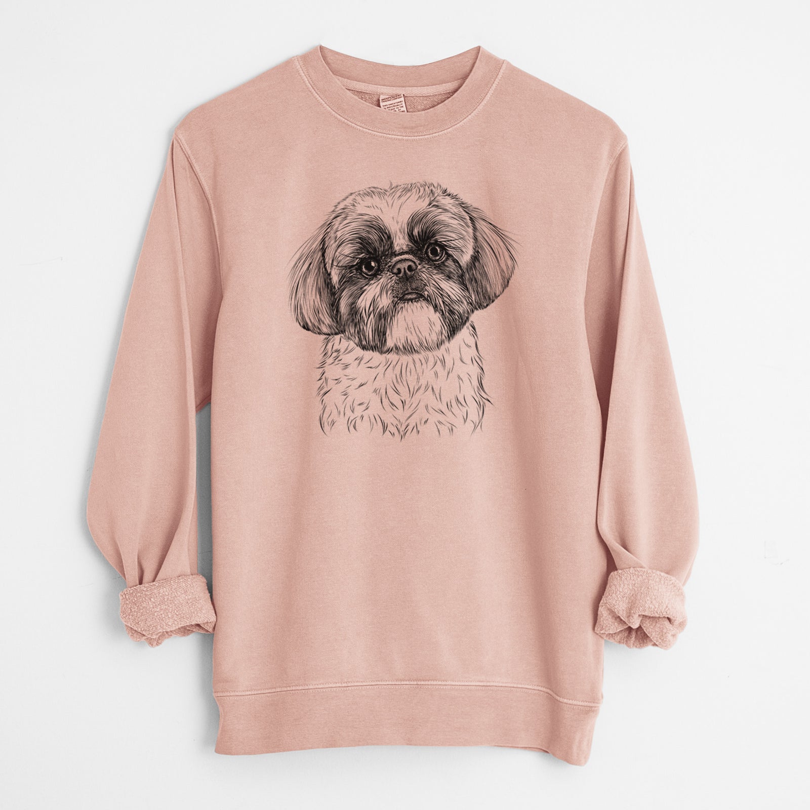 Hand-drawn sketch of Simon the Shih Tzu on a Dusty Pink Unisex pigment dyed crew sweatshirt