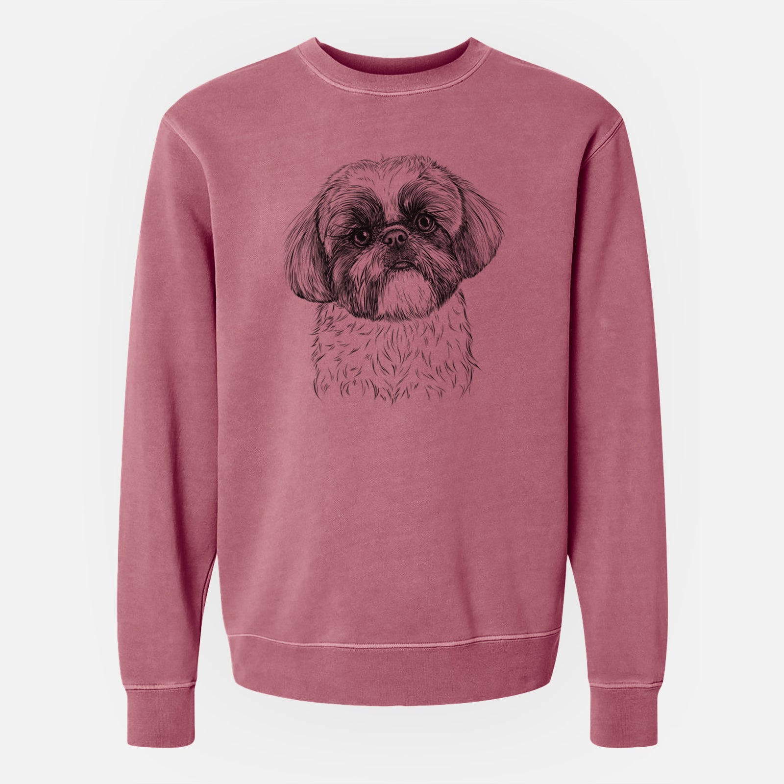 Hand-drawn sketch of Simon the Shih Tzu on a Maroon Unisex pigment dyed crew sweatshirt