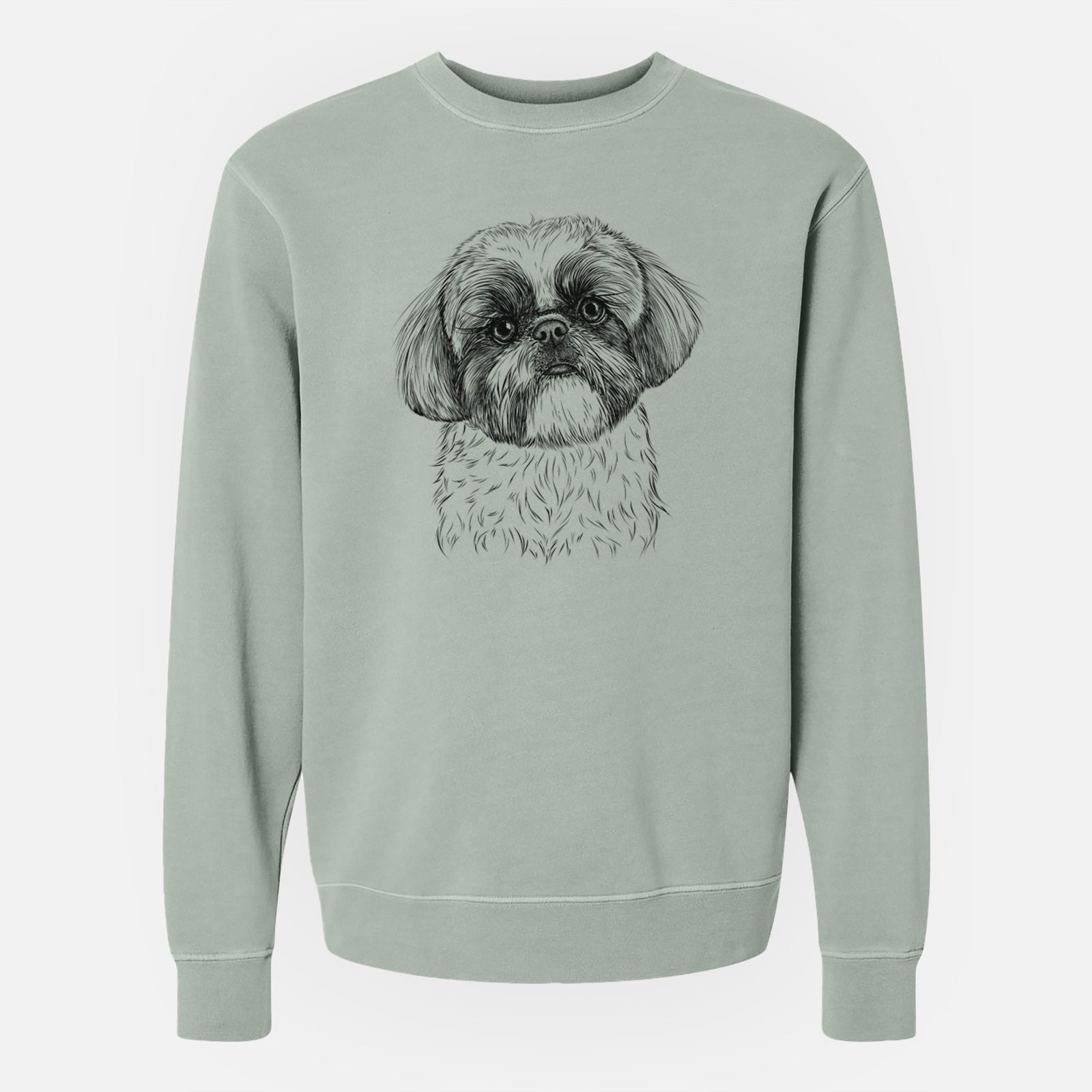 Hand-drawn sketch of Simon the Shih Tzu on a Sage Unisex pigment dyed crew sweatshirt