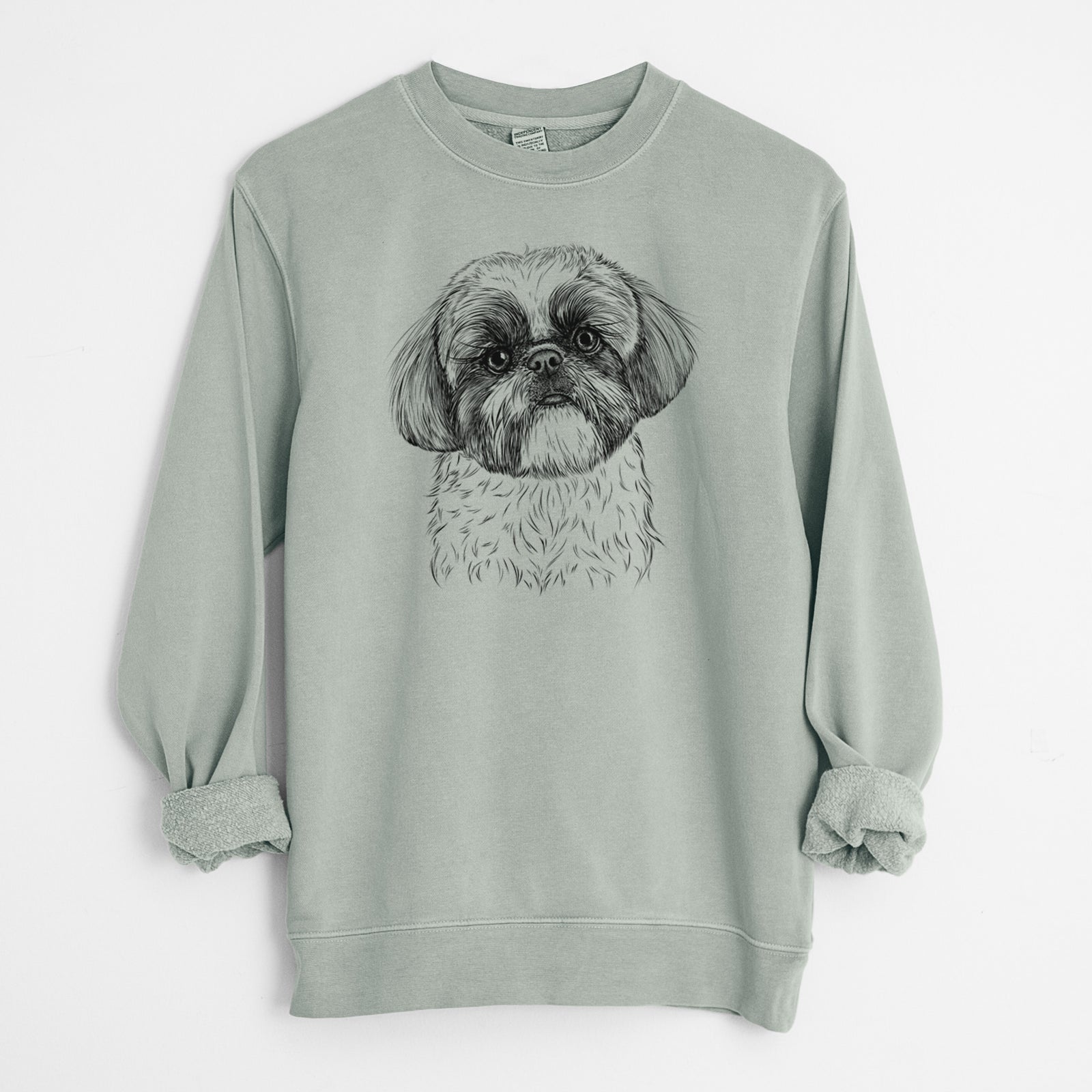 Hand-drawn sketch of Simon the Shih Tzu on a Sage Unisex pigment dyed crew sweatshirt