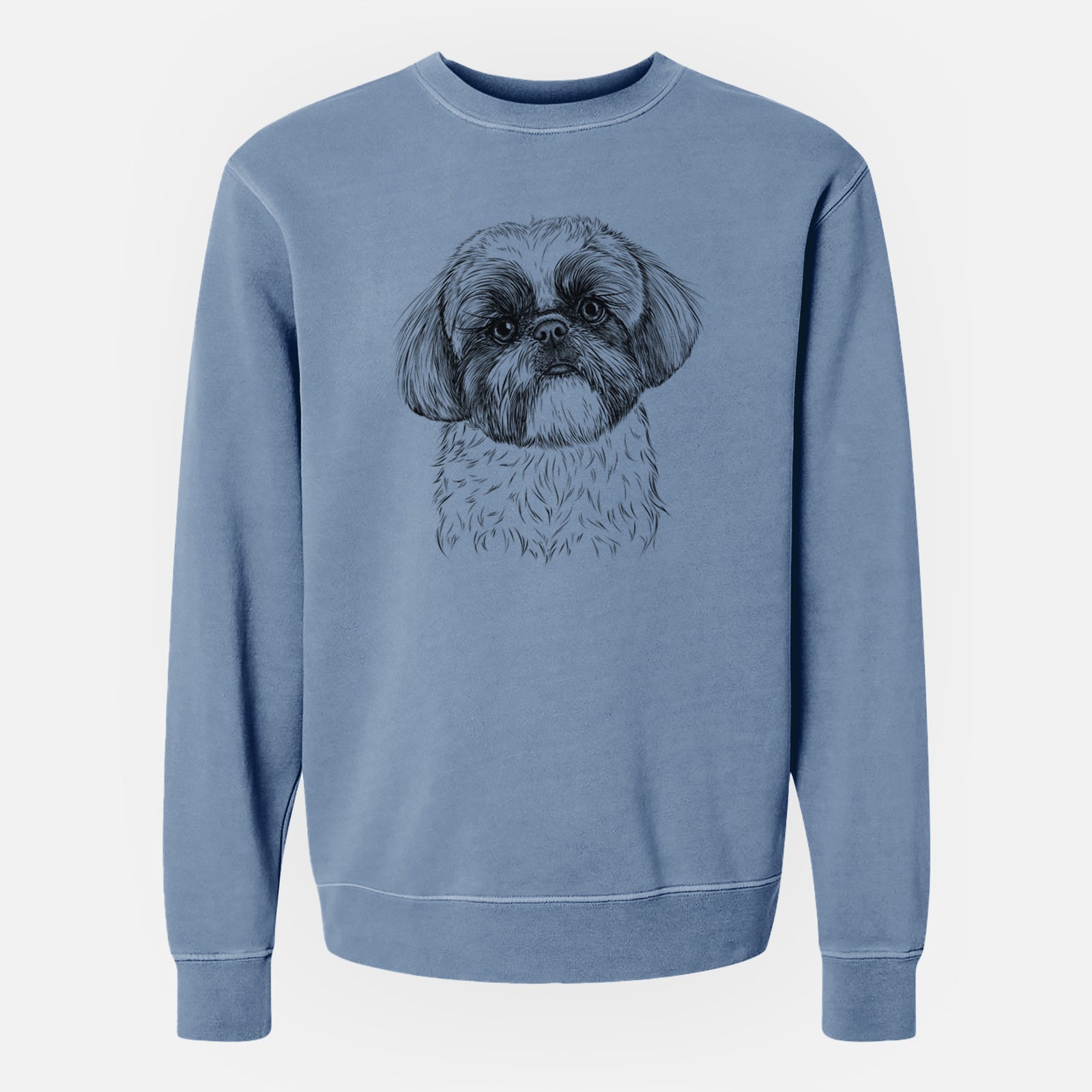 Hand-drawn sketch of Simon the Shih Tzu on a Slate Blue Unisex pigment dyed crew sweatshirt