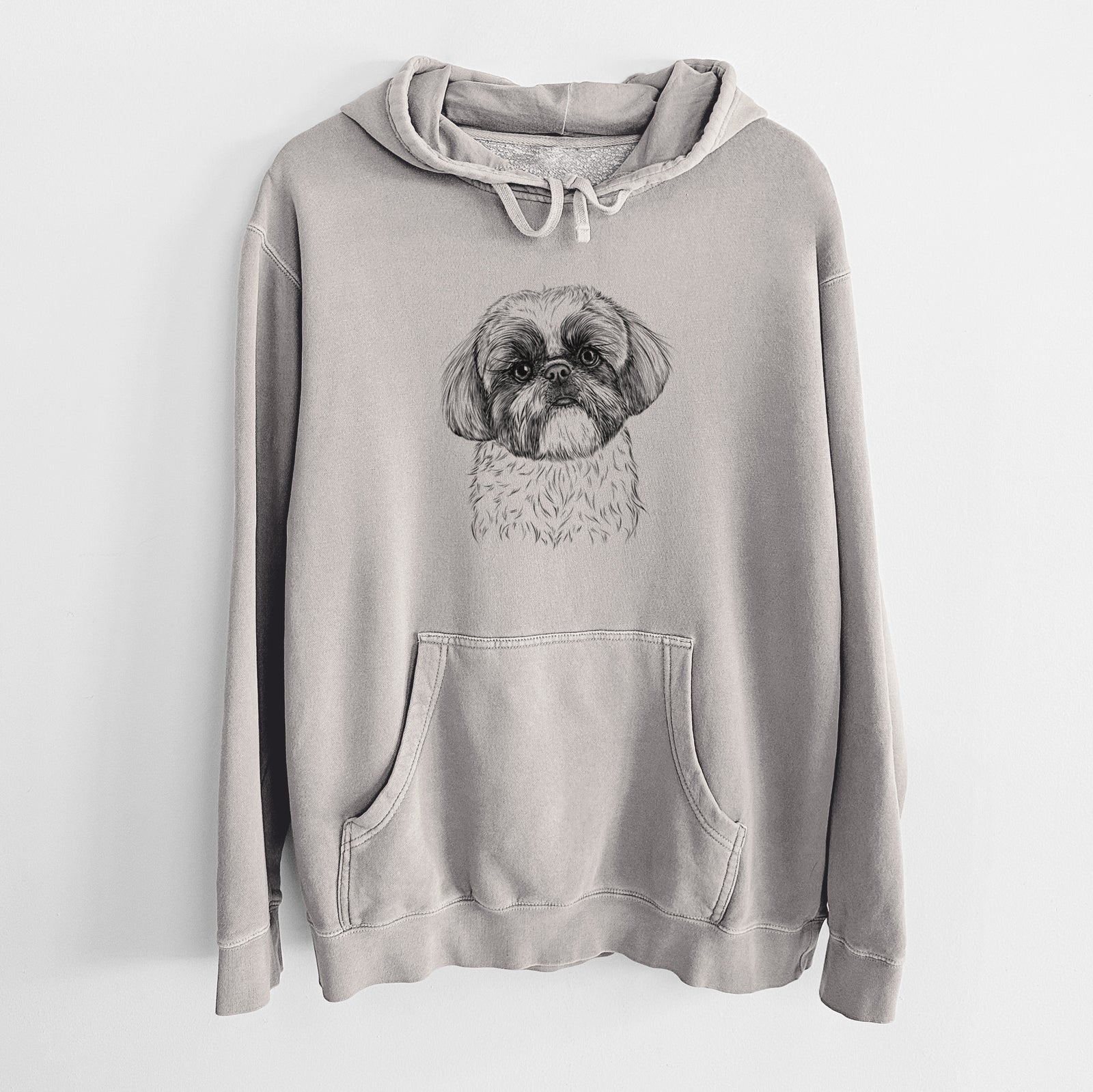 Hand-drawn sketch of Simon the Shih Tzu on a Cement Unisex pigment dyed hoodie