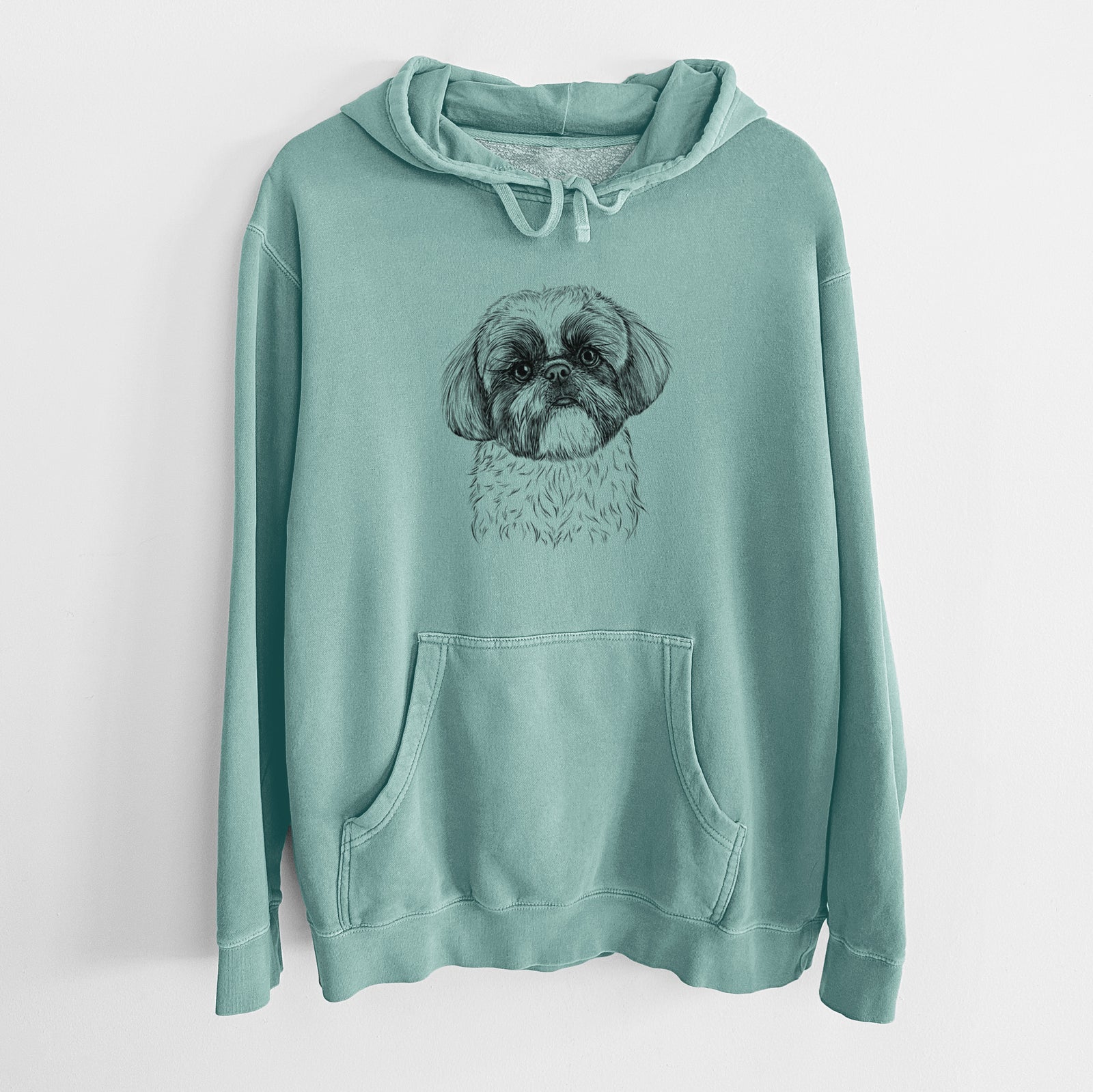 Hand-drawn sketch of Simon the Shih Tzu on a Mint Unisex pigment dyed hoodie