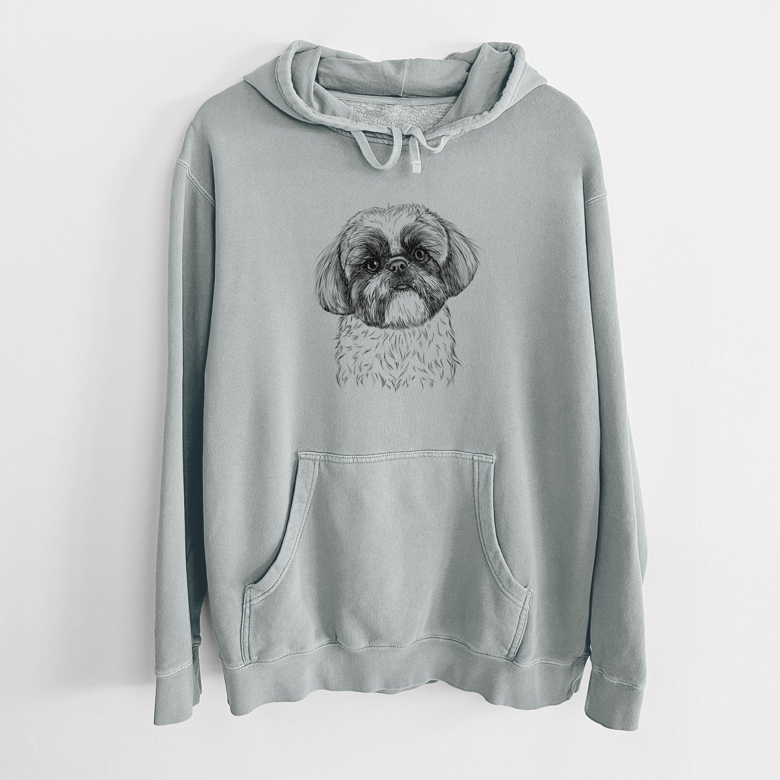 Hand-drawn sketch of Simon the Shih Tzu on a Sage Unisex pigment dyed hoodie