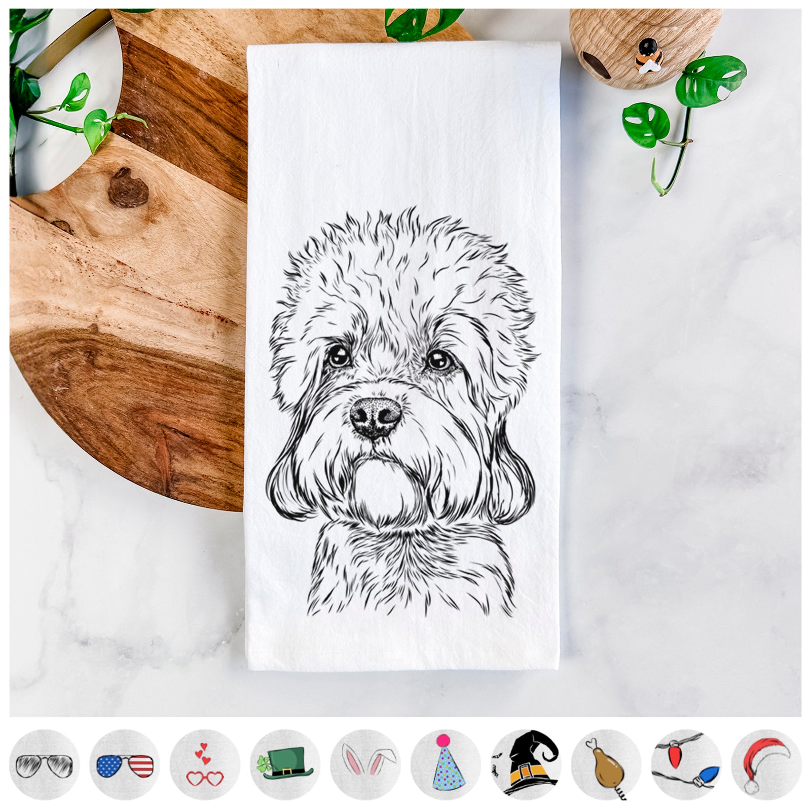 Hand-drawn sketch of Sir Walter the Dandie Dinmont Terrier on a tea towel, shown with icons of the other available costume styles
