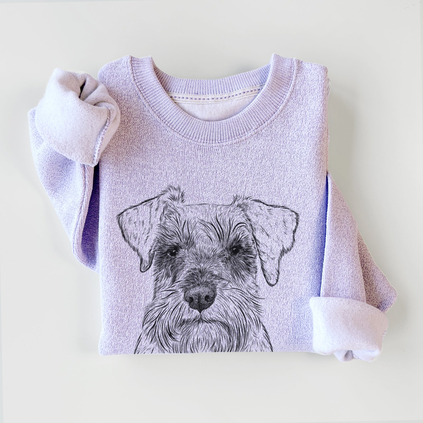 Hand-drawn sketch of Smokey the Miniature Schnauzer on an Ice Purple knit sweatshirt