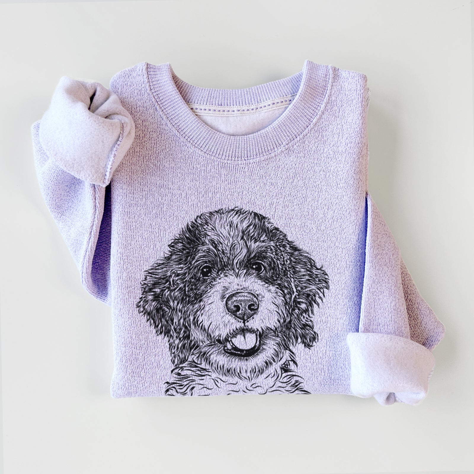 Hand-drawn sketch of Smoky the Bernedoodle Puppy on an Ice Purple knit sweatshirt