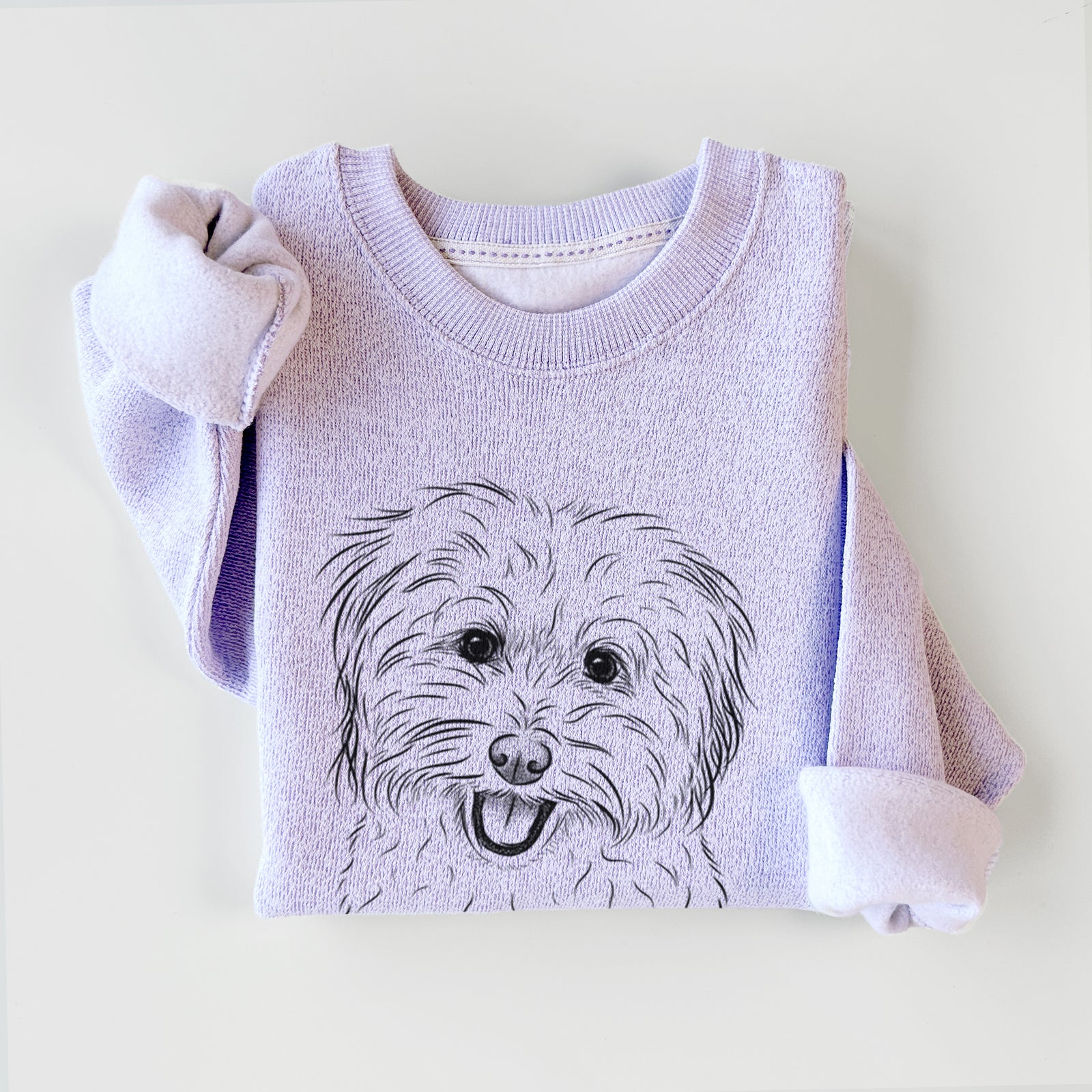 Hand-drawn sketch of Sophie Quinn the Havanese on an Ice Purple knit sweatshirt