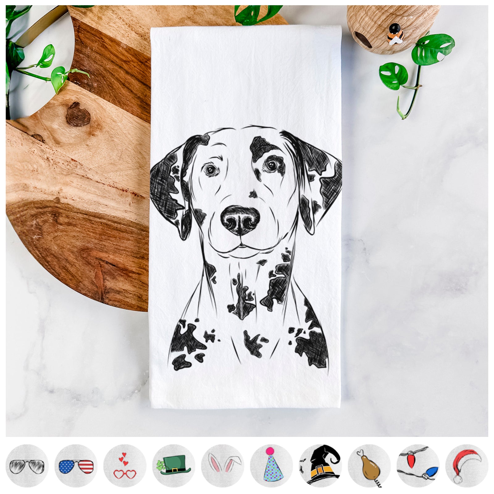 Hand-drawn sketch of Spot the Dalmatian on a tea towel, shown with icons of the other available costume styles