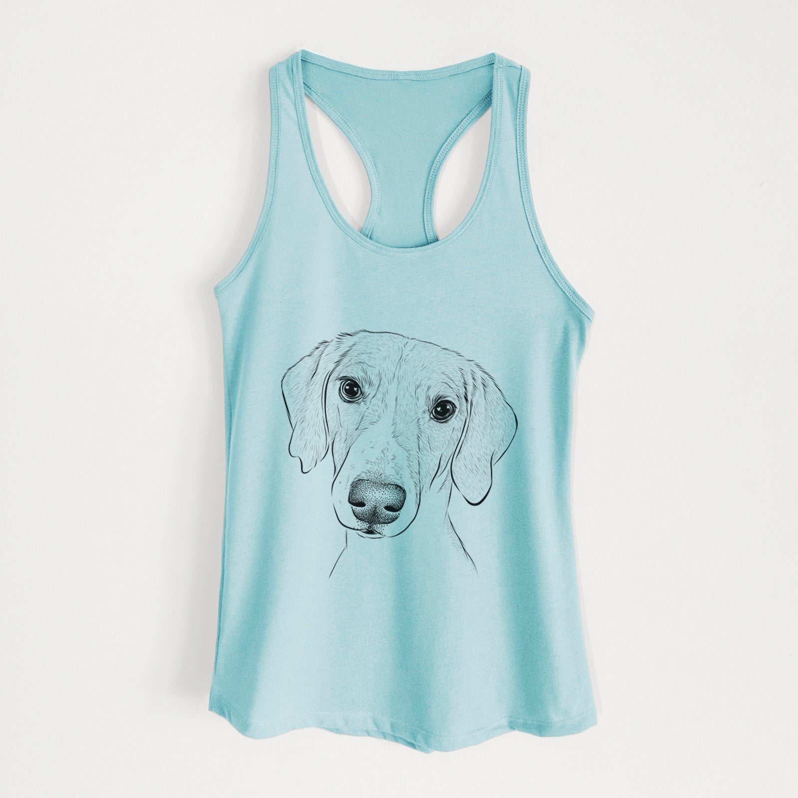 Hand-drawn sketch of Stanley the Foxhound on a Cancun Blue Women's racerback tanktop