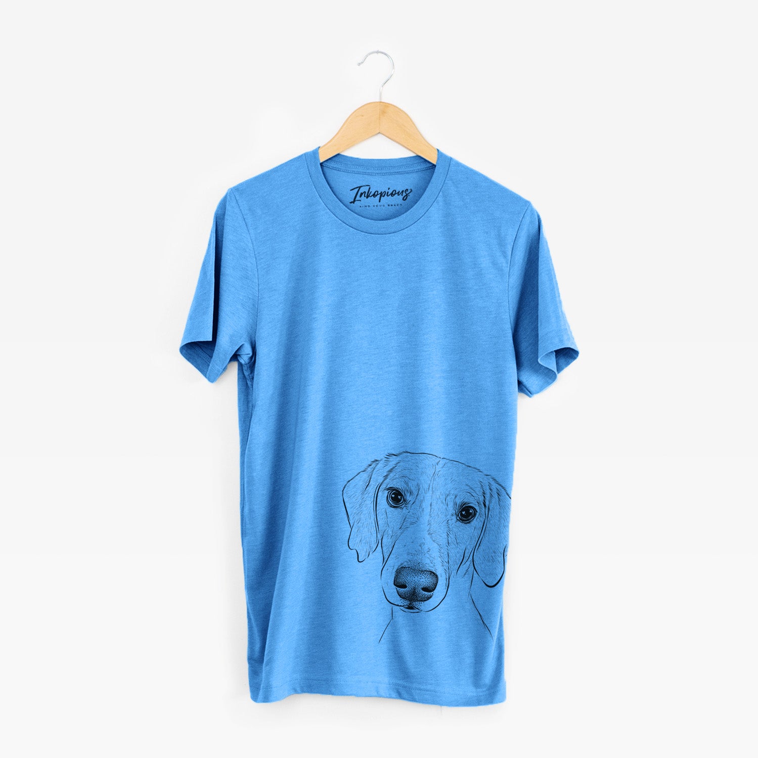 Hand-drawn sketch of Stanley the Foxhound on a Blue Unisex crewneck