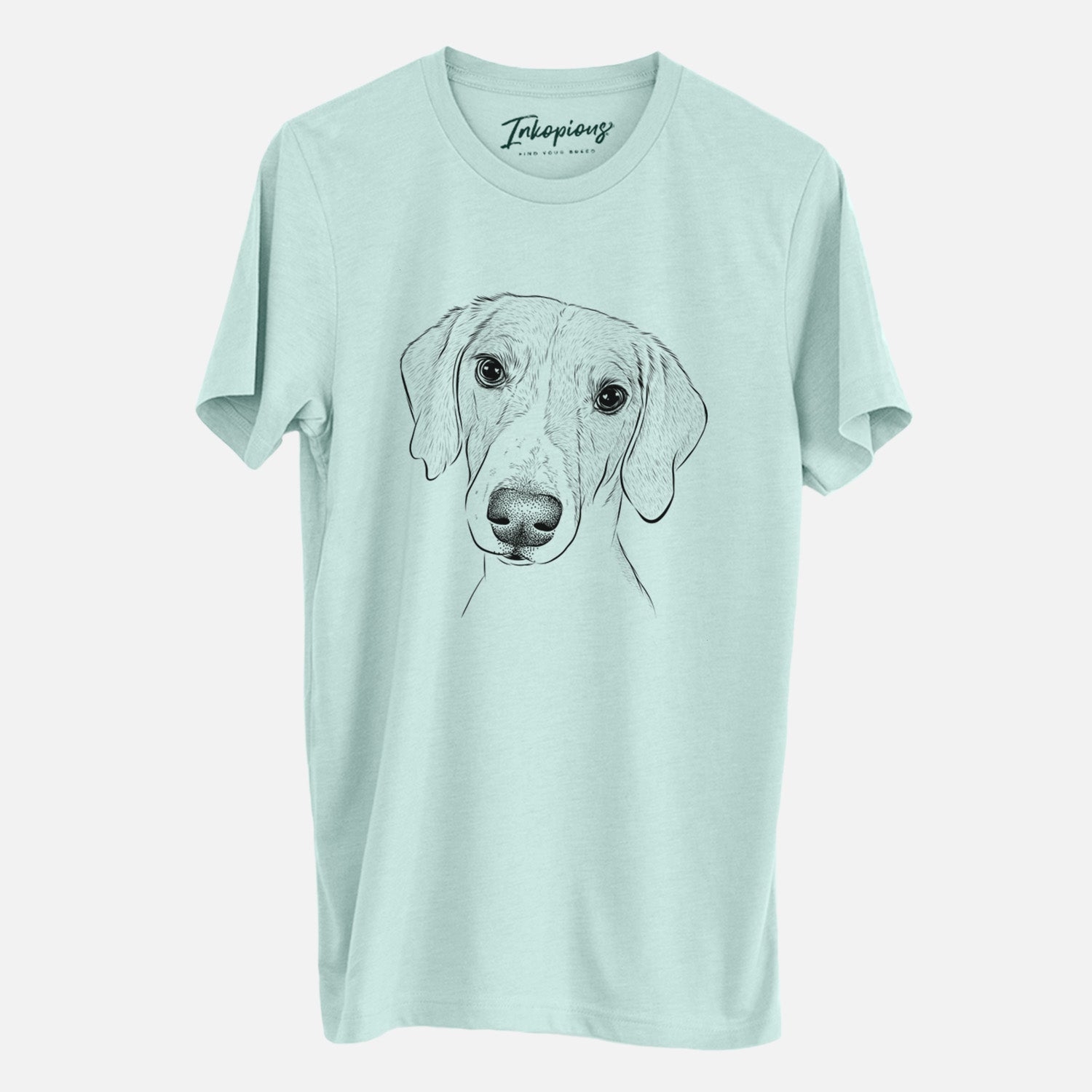 Hand-drawn sketch of Stanley the Foxhound on a Heather Sage Unisex crewneck
