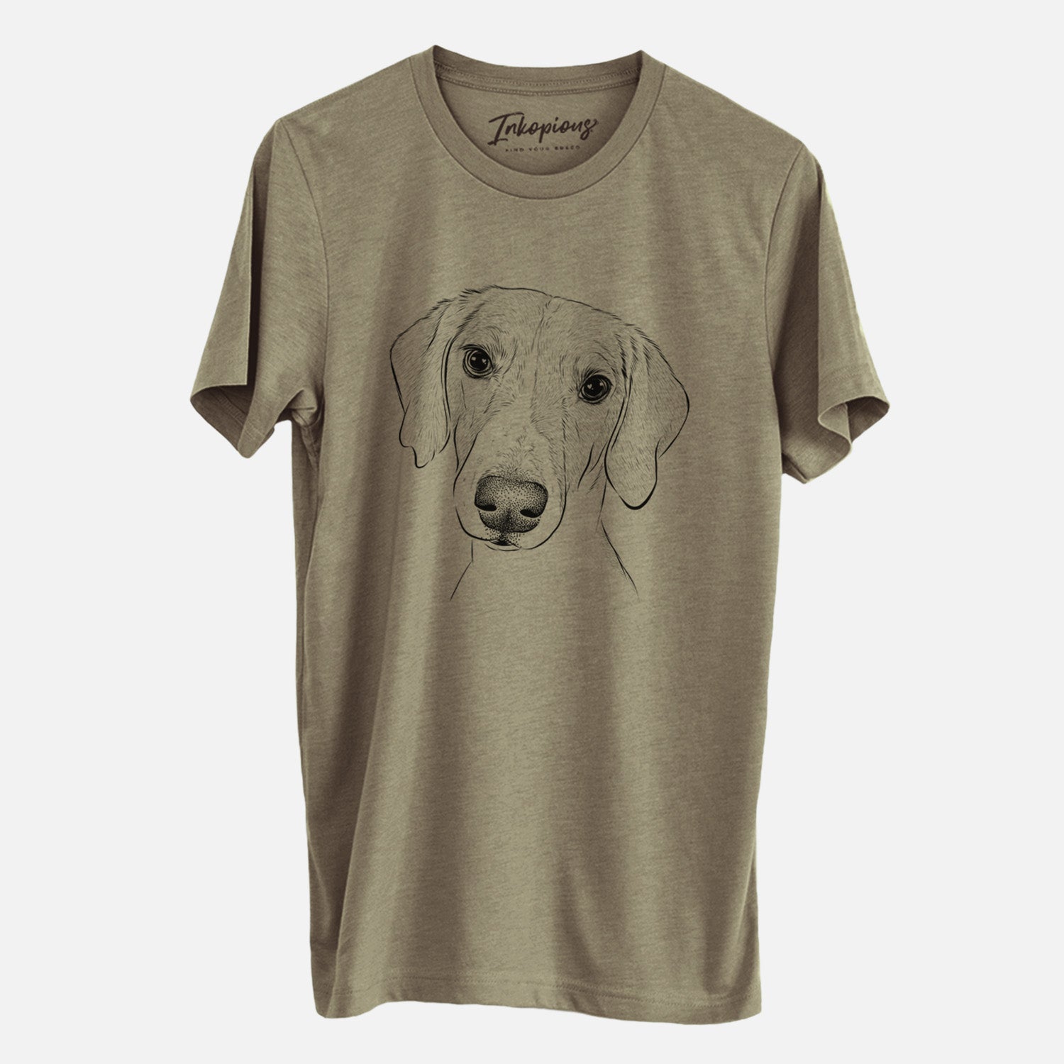 Hand-drawn sketch of Stanley the Foxhound on an Olive Unisex crewneck