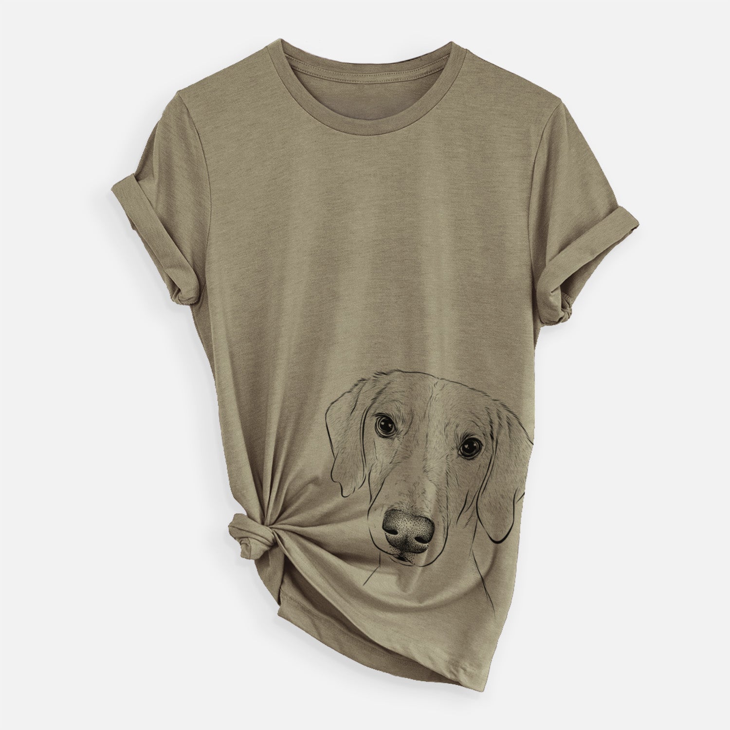 Hand-drawn sketch of Stanley the Foxhound on an Olive Unisex crewneck
