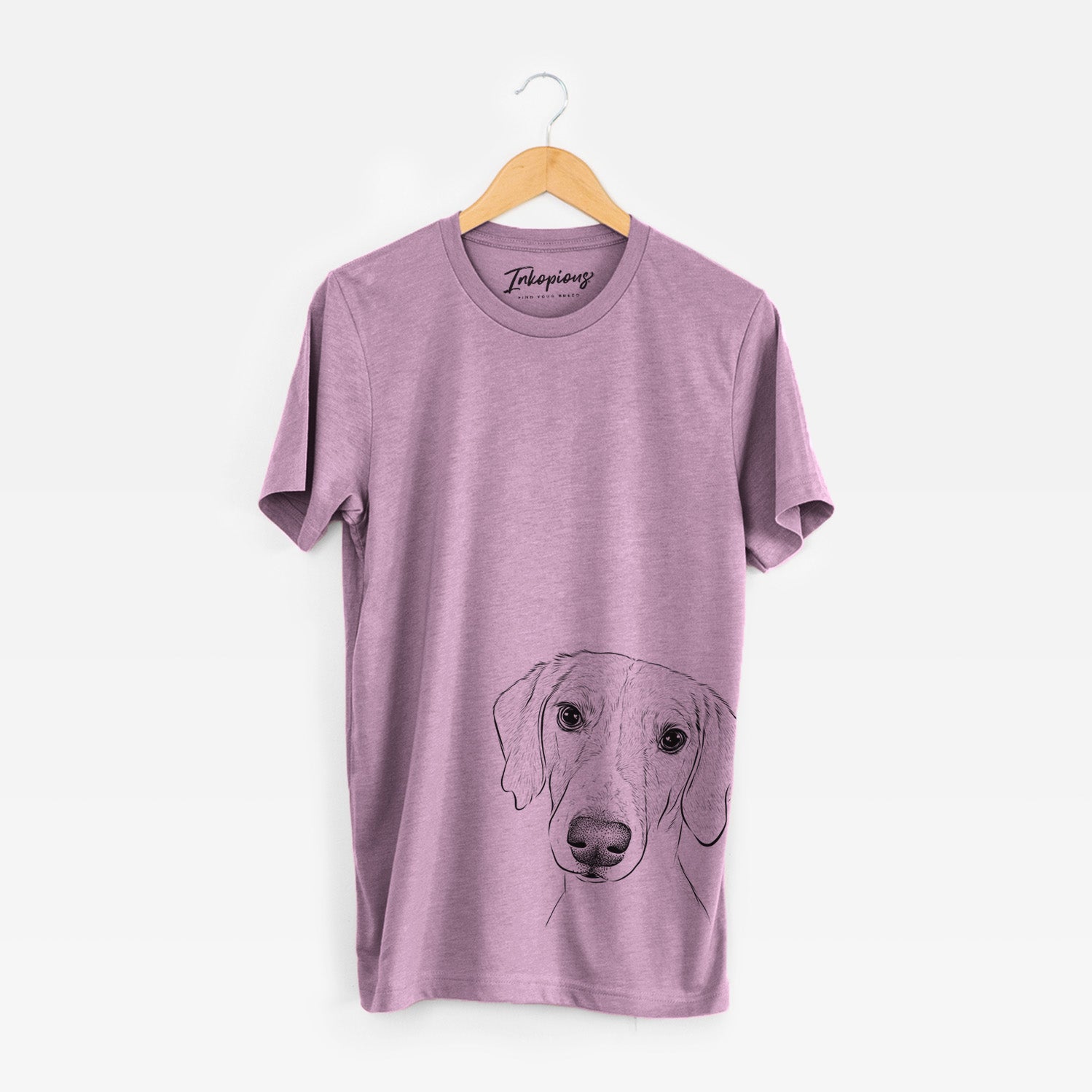Hand-drawn sketch of Stanley the Foxhound on an Orchid Unisex crewneck