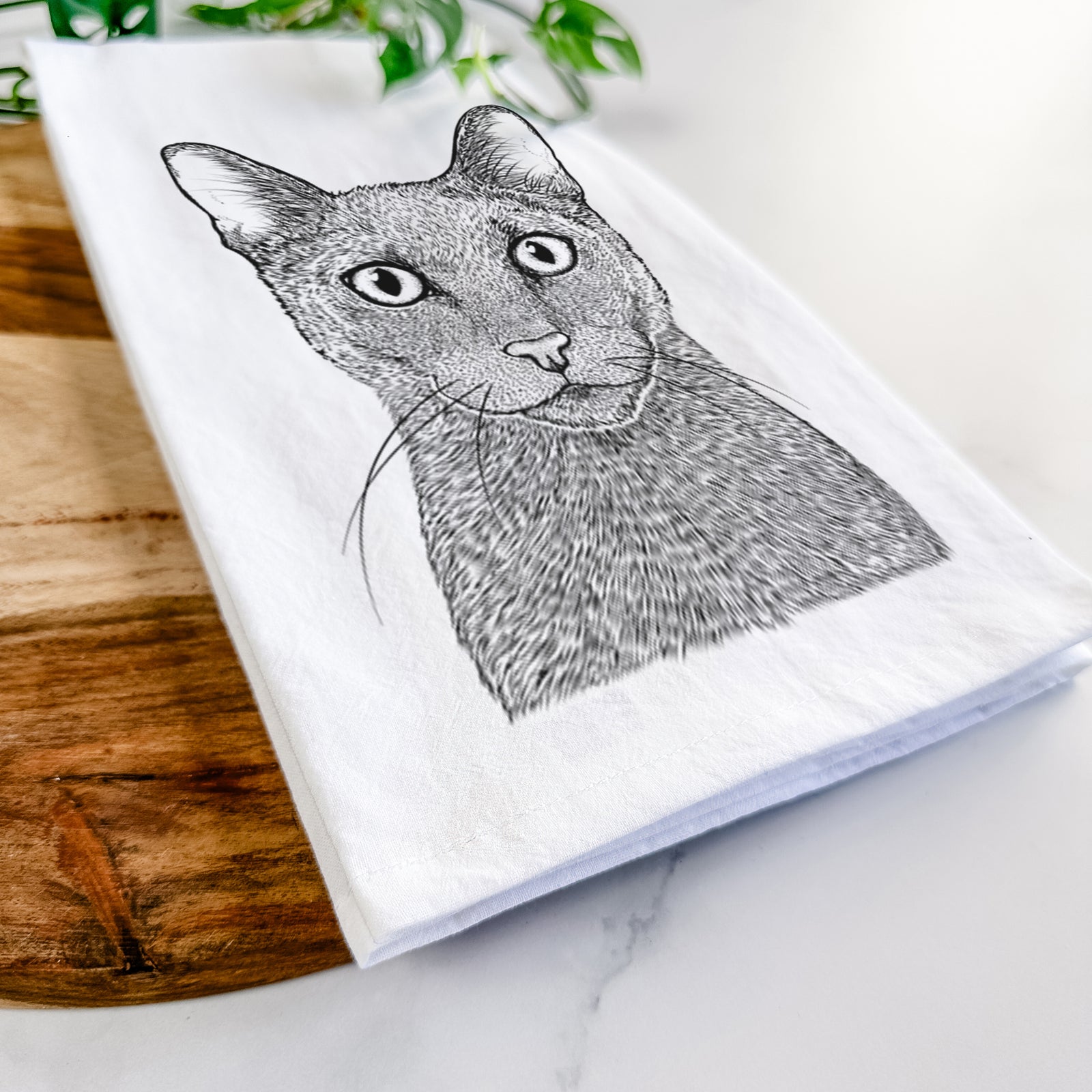 Hand-drawn sketch of Stanley the Russian Blue Cat on a tea towel