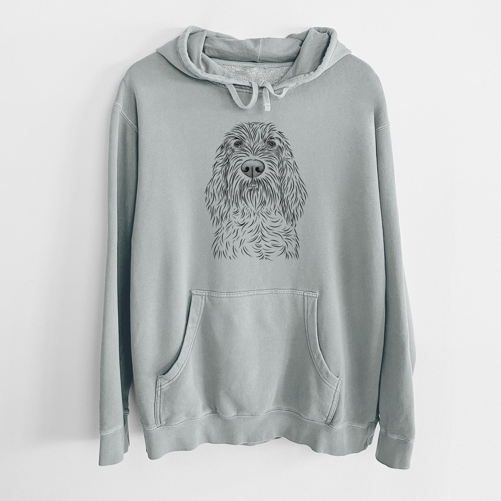 Hand-drawn sketch of Stefano the Spinone Italiano on a Sage Unisex pigment dyed hoodie