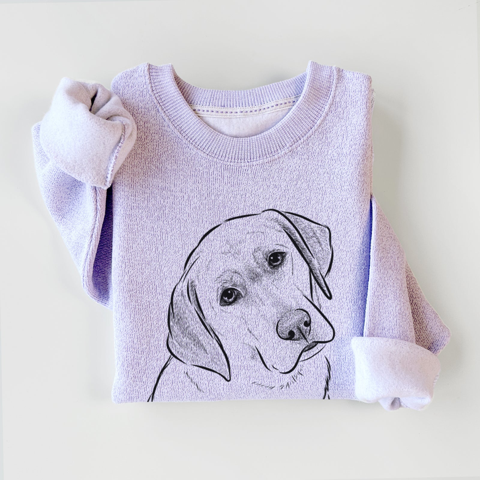 Hand-drawn sketch of Stella the Yellow Lab on an Ice Purple knit sweatshirt