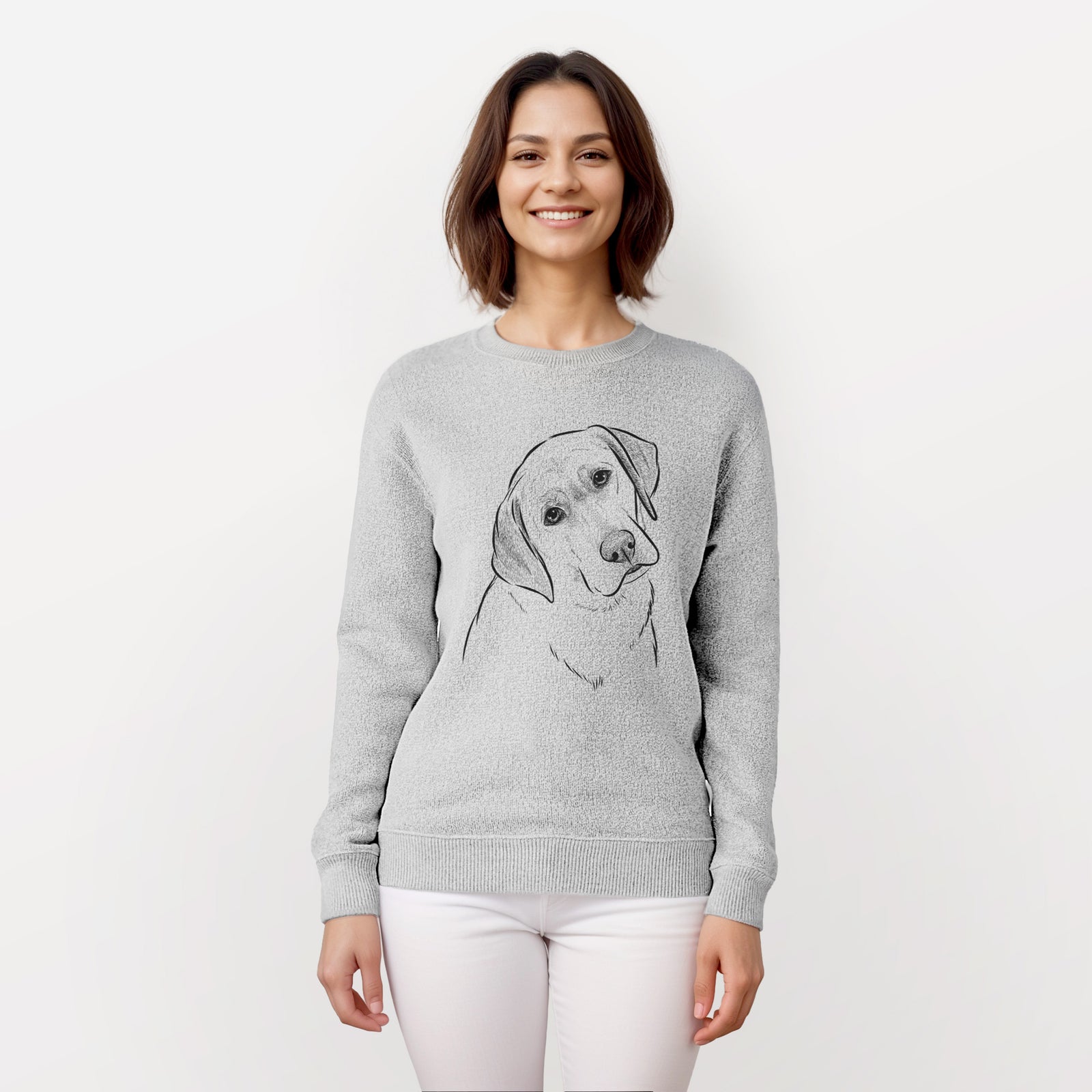 Hand-drawn sketch of Stella the Yellow Lab on a knit sweatshirt, worn by a woman