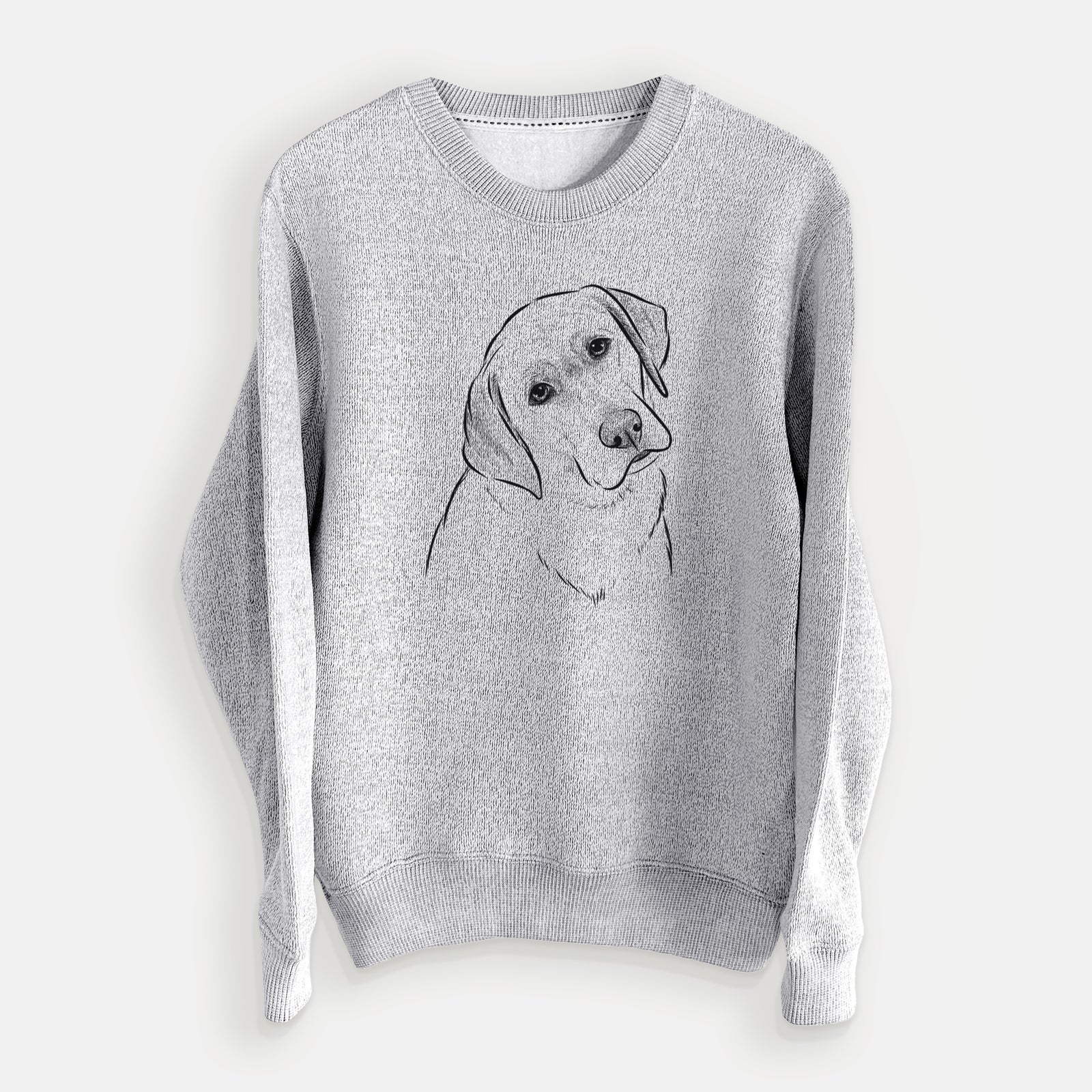 Hand-drawn sketch of Stella the Yellow Lab on a Salt Pepper knit sweatshirt