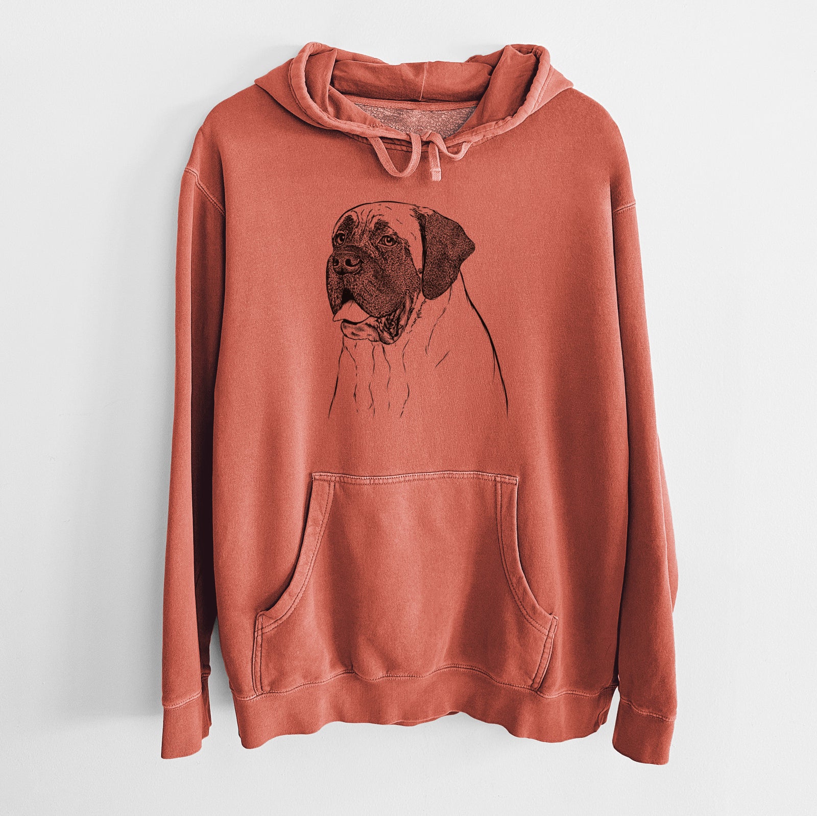 Hand-drawn sketch of Sterling the English Mastiff on an Amber Unisex pigment dyed hoodie