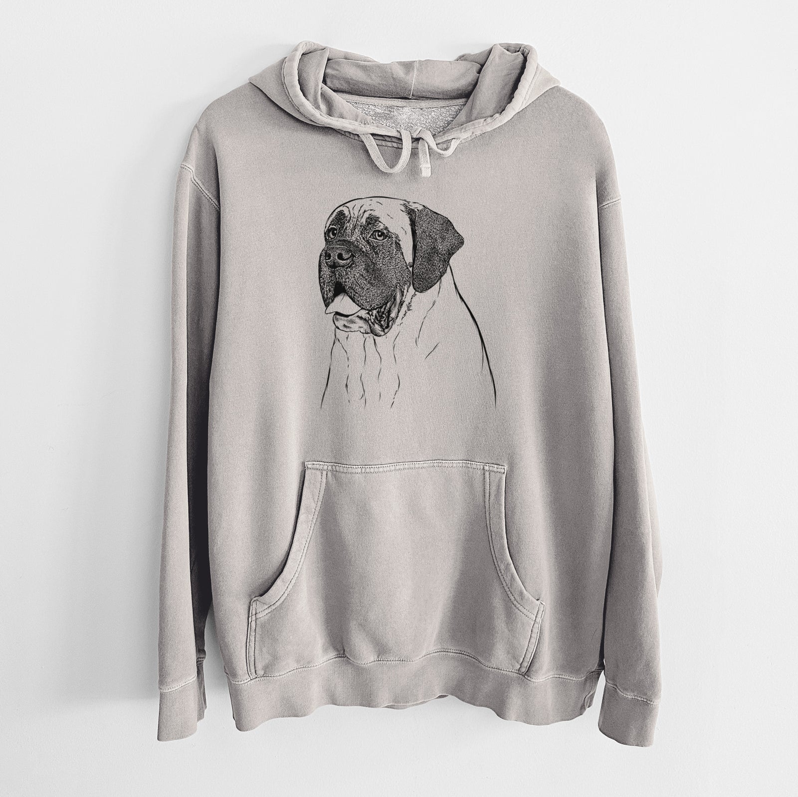 Hand-drawn sketch of Sterling the English Mastiff on a Cement Unisex pigment dyed hoodie