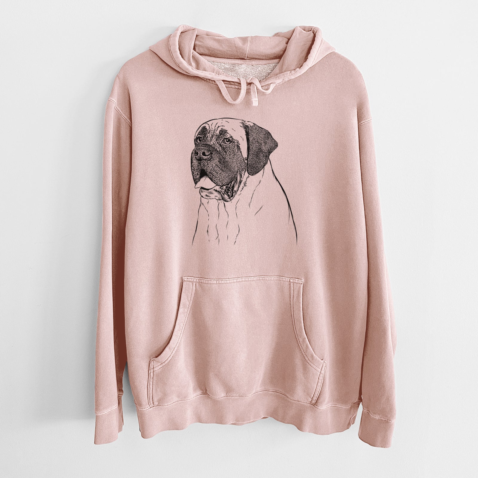 Hand-drawn sketch of Sterling the English Mastiff on a Dusty Pink Unisex pigment dyed hoodie