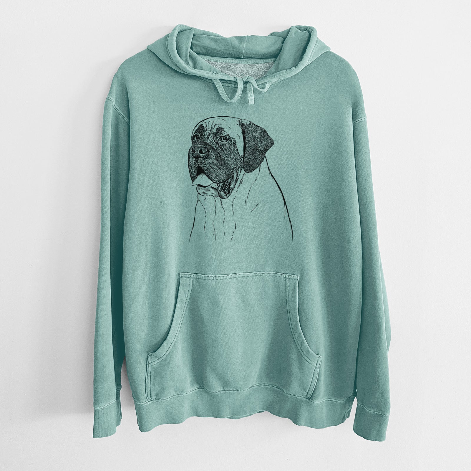 Hand-drawn sketch of Sterling the English Mastiff on a Mint Unisex pigment dyed hoodie