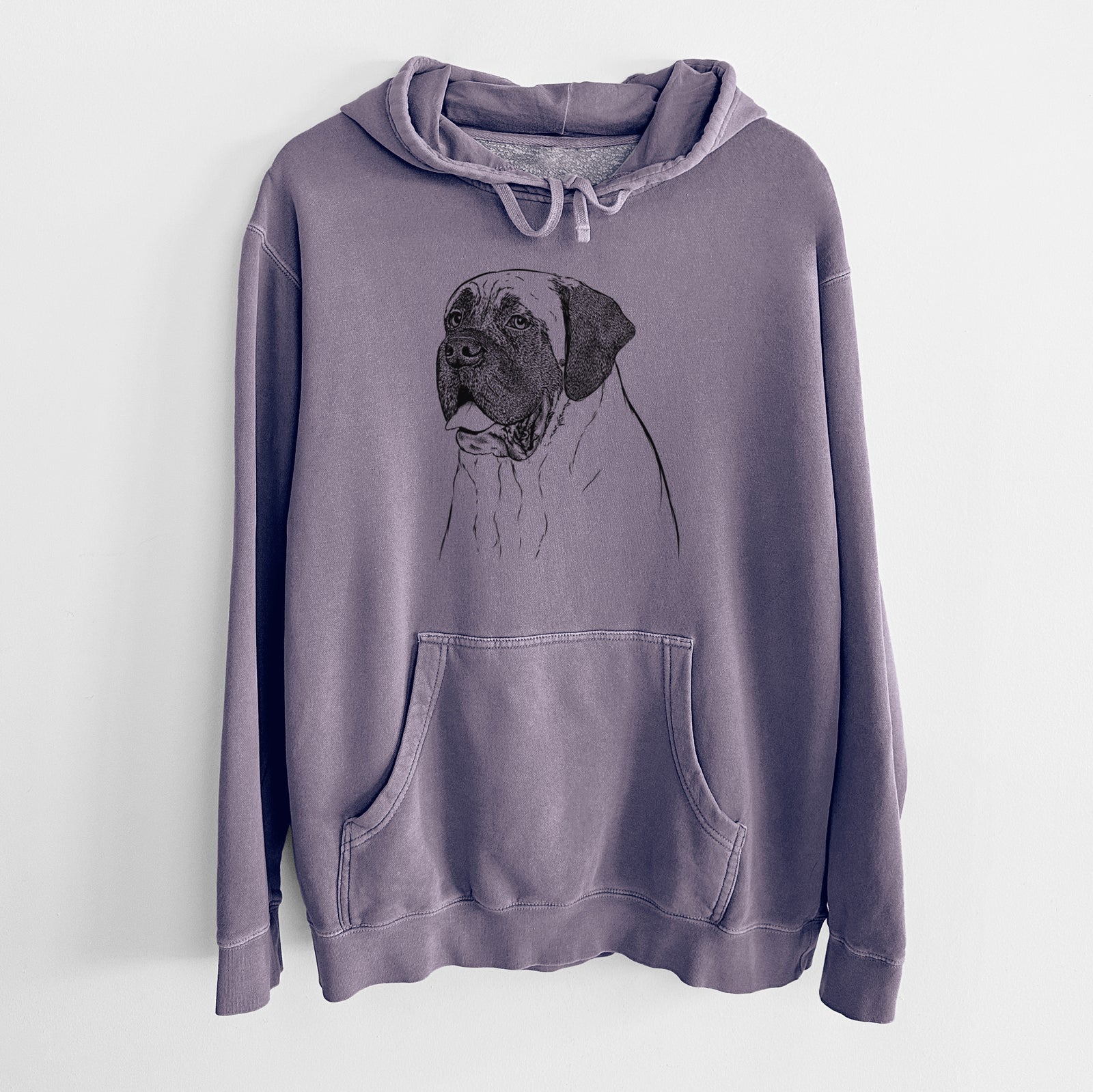 Hand-drawn sketch of Sterling the English Mastiff on a Plum Unisex pigment dyed hoodie