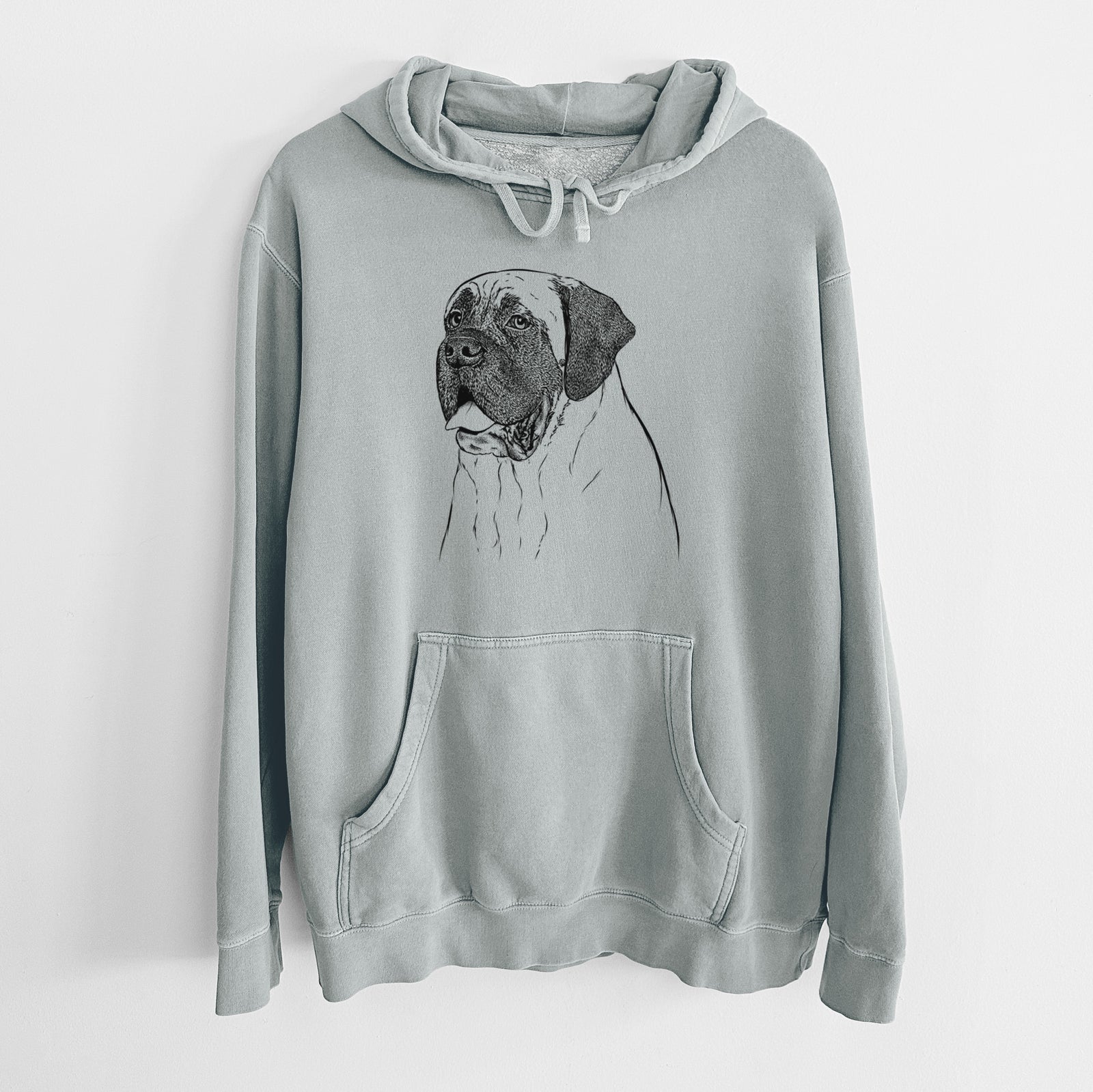 Hand-drawn sketch of Sterling the English Mastiff on a Sage Unisex pigment dyed hoodie