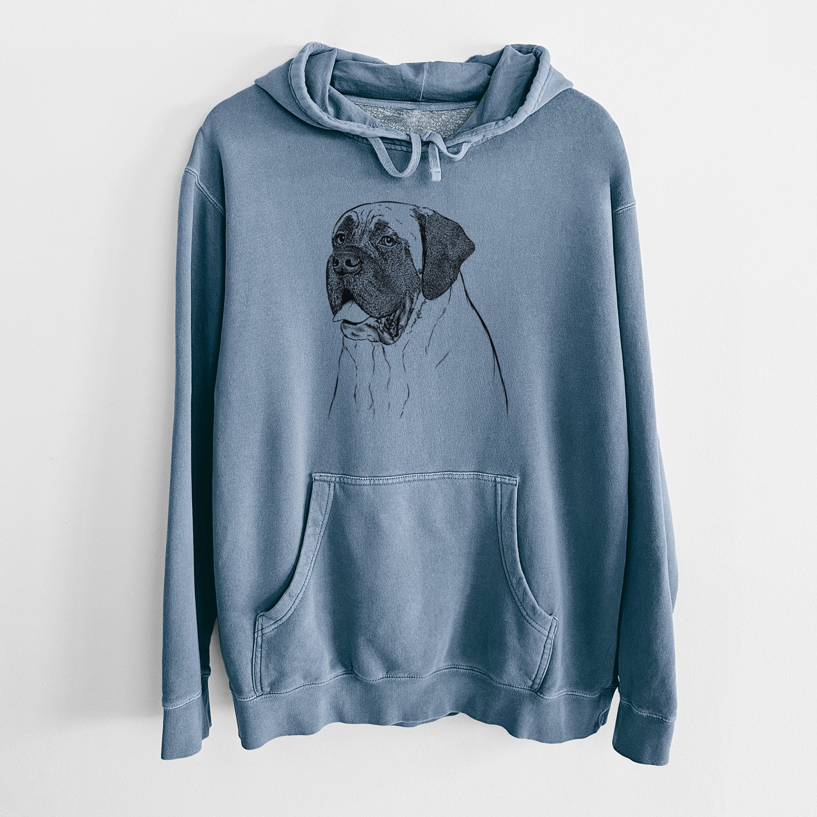 Hand-drawn sketch of Sterling the English Mastiff on a Slate Blue Unisex pigment dyed hoodie