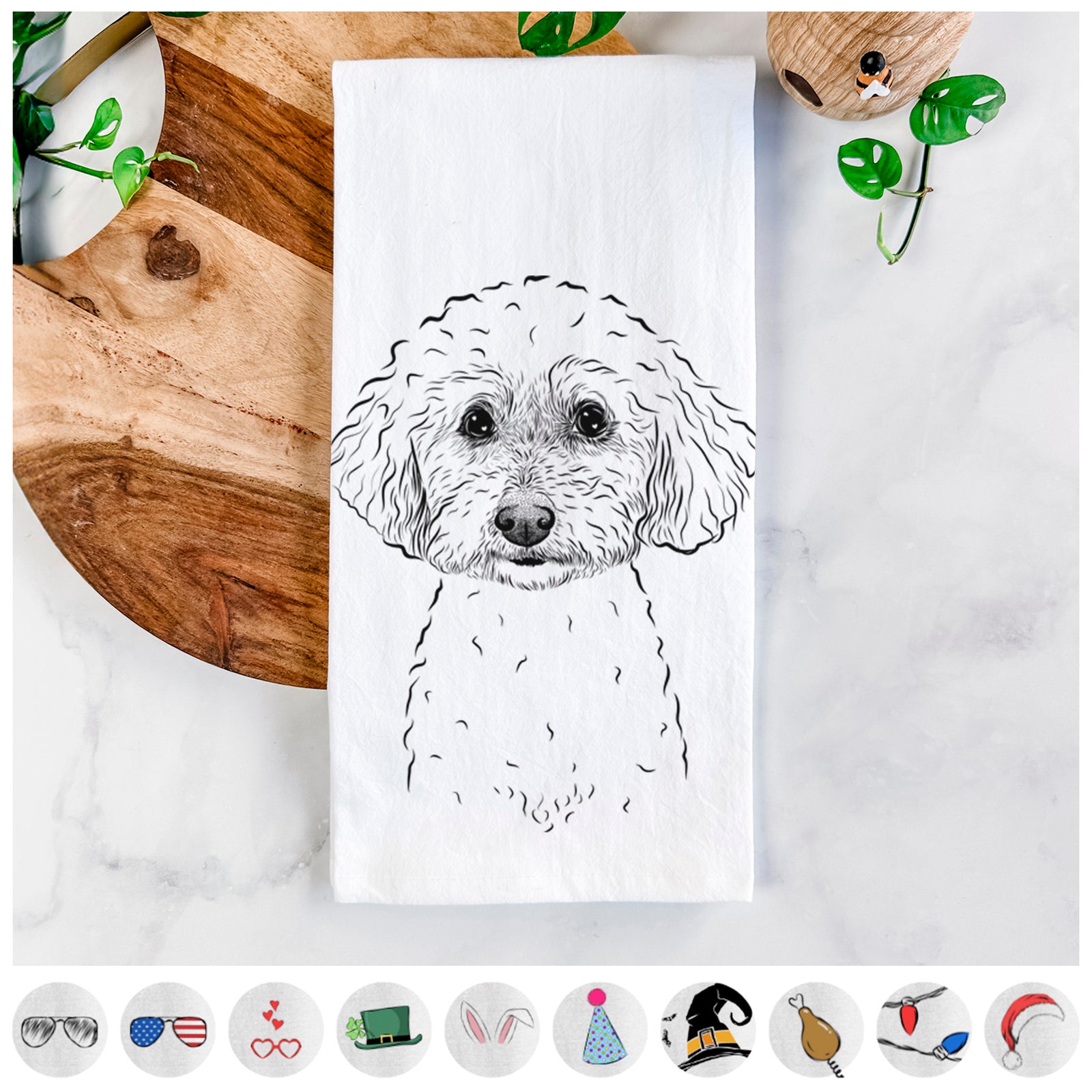 Hand-drawn sketch of Stitch the Bichonpoo on a tea towel, shown with icons of the other available costume styles