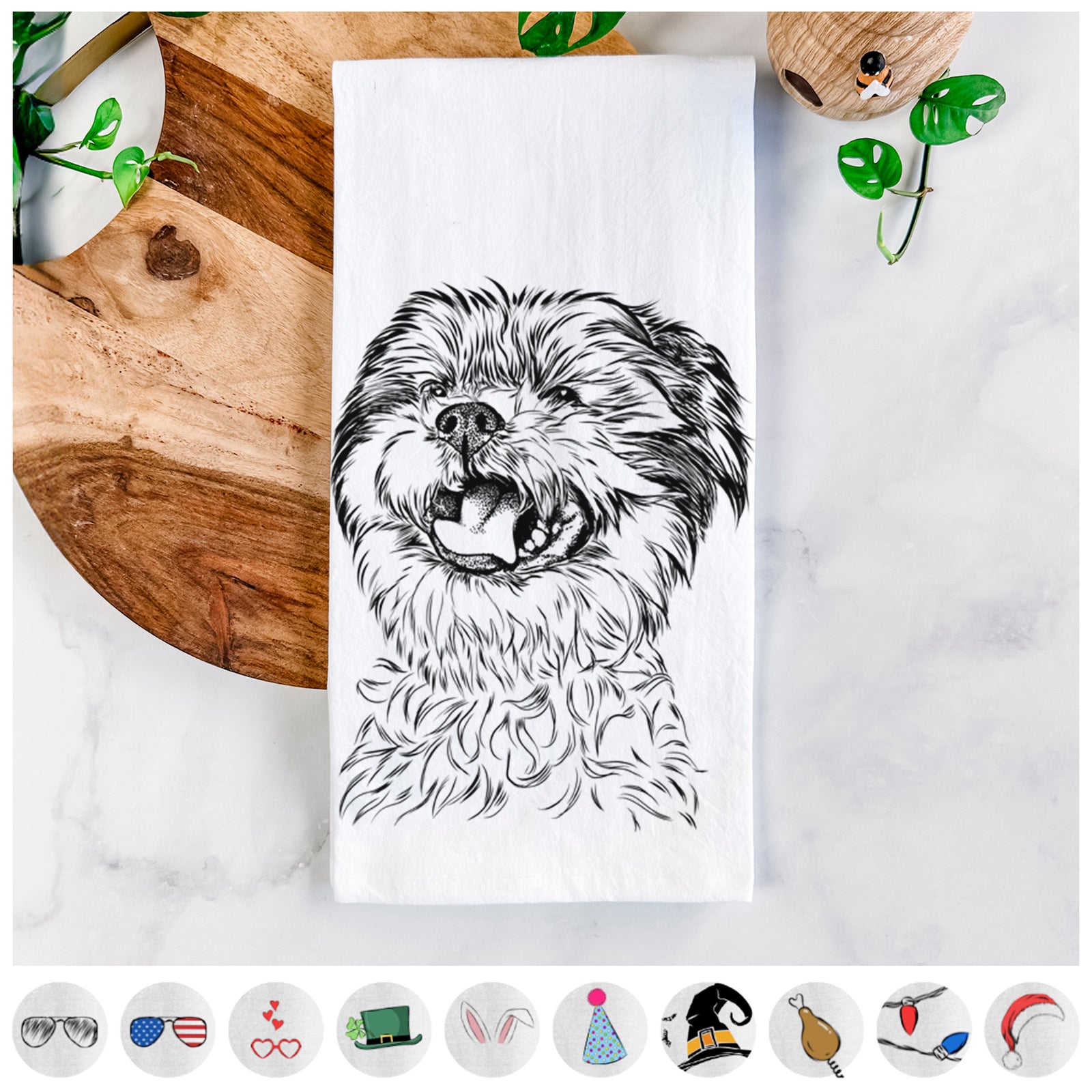 Hand-drawn sketch of Sugar the Malshi on a tea towel, shown with icons of the other available costume styles