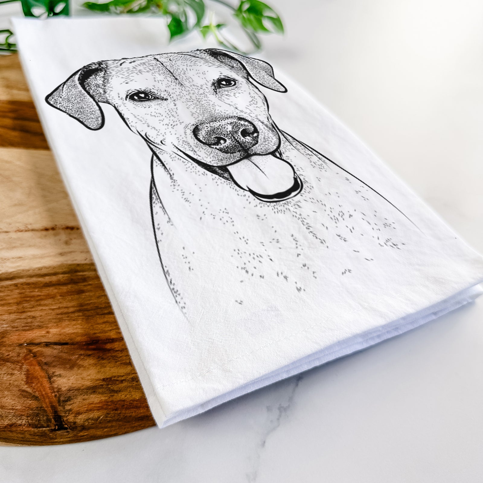 Hand-drawn sketch of Sugar the American Staffordshire Mix on a tea towel