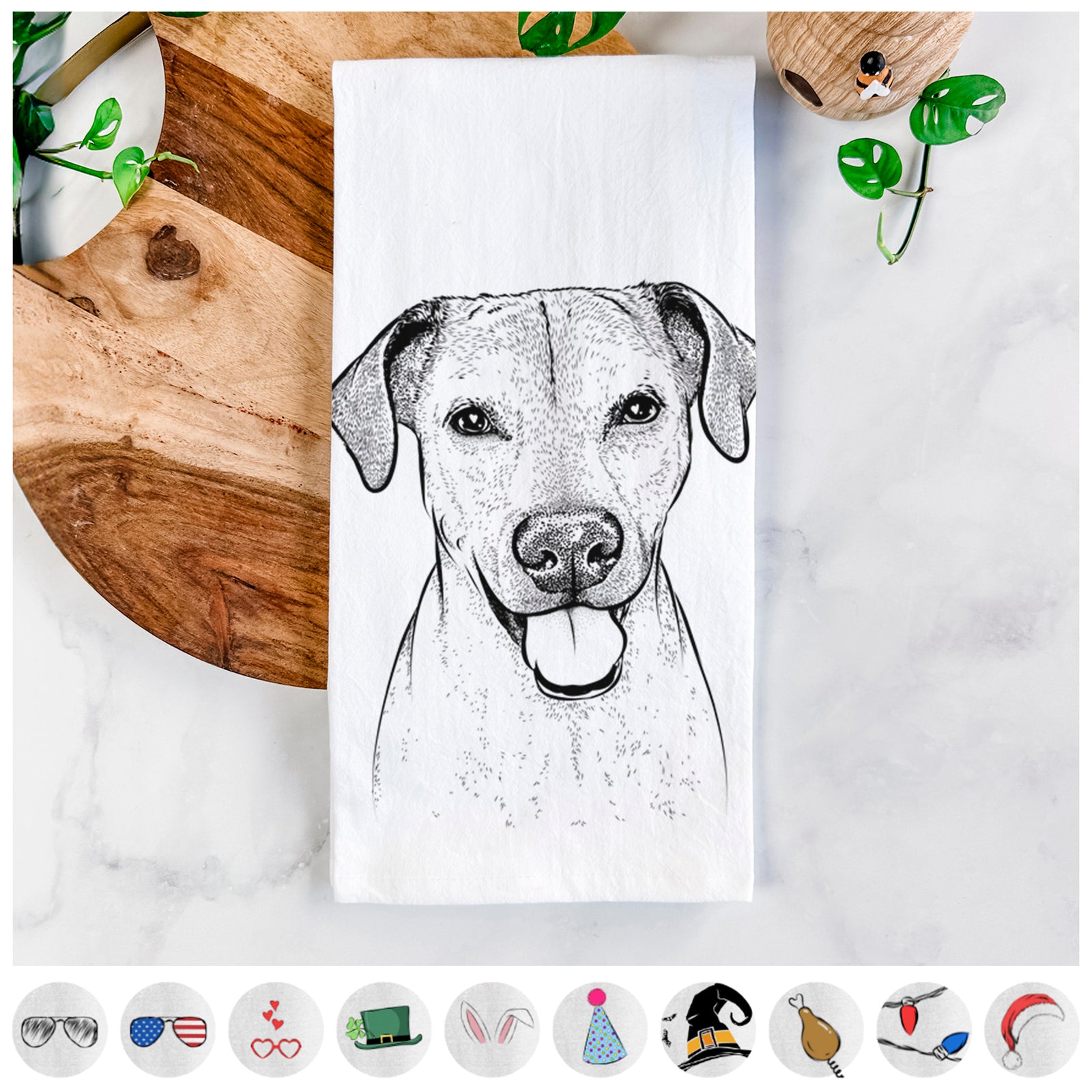 Hand-drawn sketch of Sugar the American Staffordshire Mix on a tea towel, shown with icons of the other available costume styles