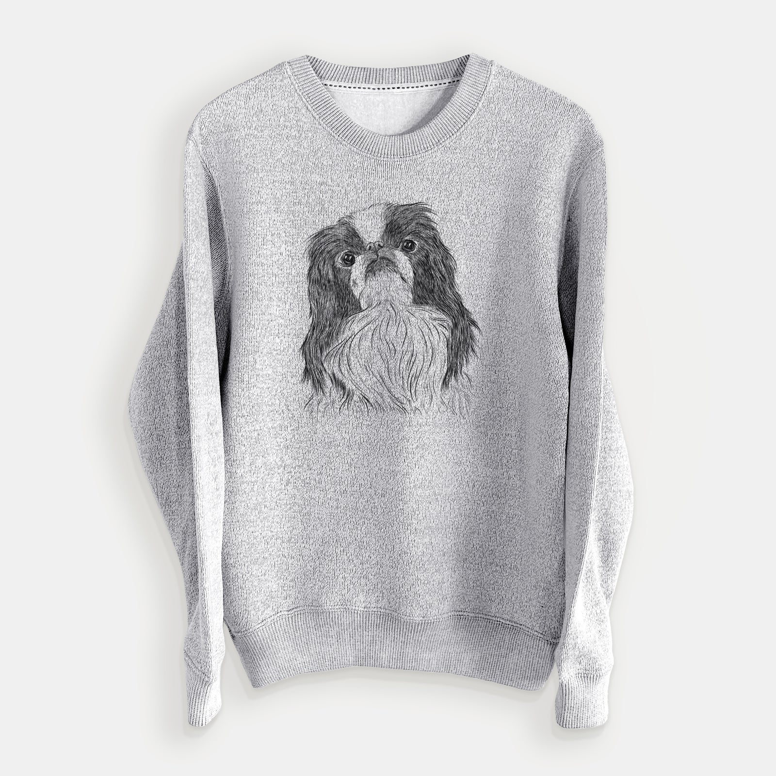 Hand-drawn sketch of Suki the Japanese Chin on a Salt Pepper knit sweatshirt