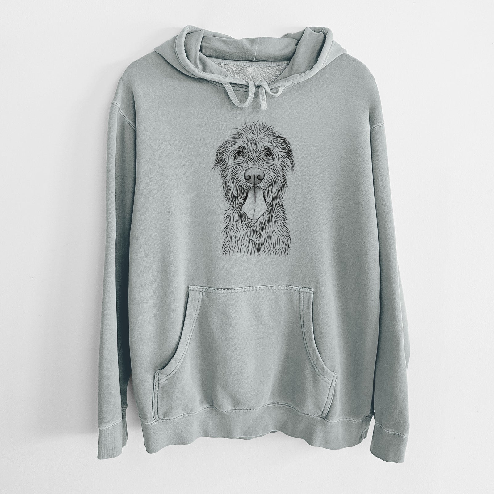 Hand-drawn sketch of Sullivan the Irish Wolfhound on a Sage Unisex pigment dyed hoodie