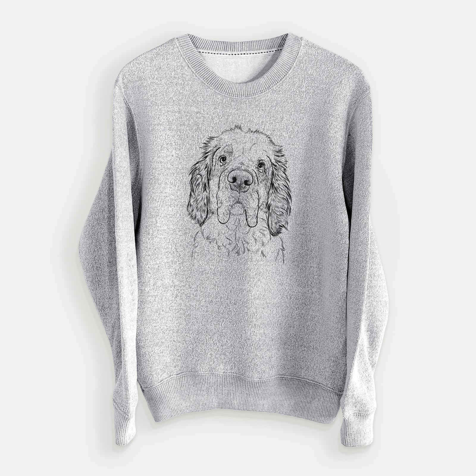 Hand-drawn sketch of Sully the Clumber Spaniel on a Salt Pepper knit sweatshirt