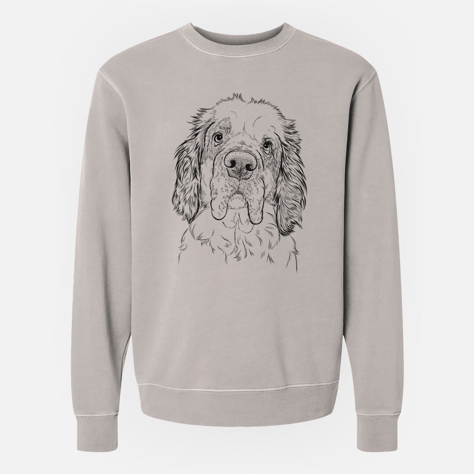 Hand-drawn sketch of Sully the Clumber Spaniel on a Cement Unisex pigment dyed crew sweatshirt
