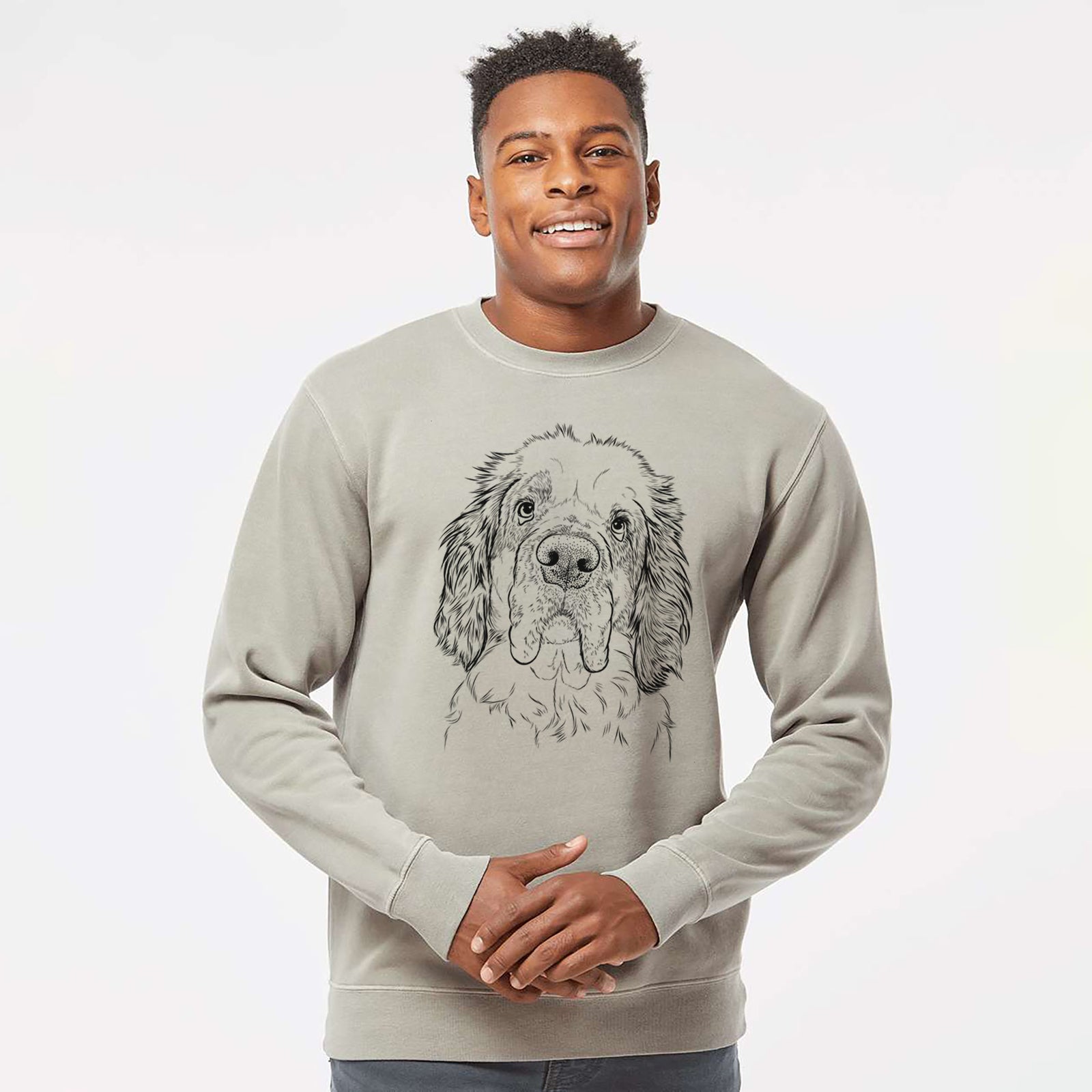 Hand-drawn sketch of Sully the Clumber Spaniel on a Cement Unisex pigment dyed crew sweatshirt