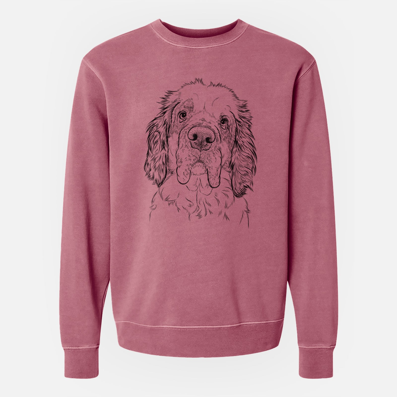 Hand-drawn sketch of Sully the Clumber Spaniel on a Maroon Unisex pigment dyed crew sweatshirt
