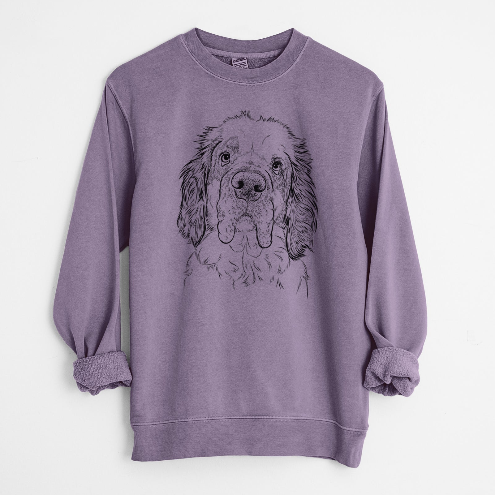 Hand-drawn sketch of Sully the Clumber Spaniel on a Plum Unisex pigment dyed crew sweatshirt