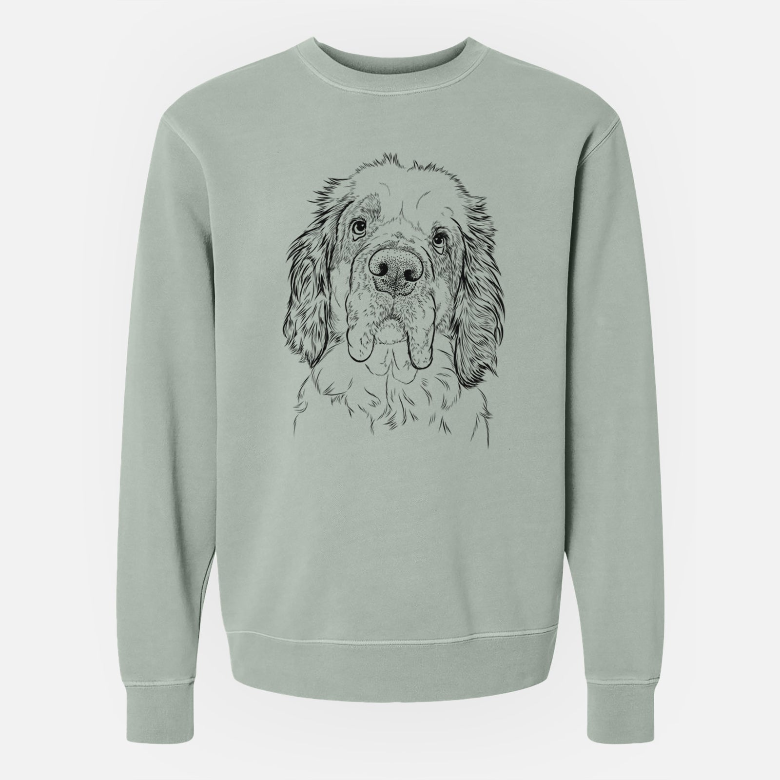 Hand-drawn sketch of Sully the Clumber Spaniel on a Sage Unisex pigment dyed crew sweatshirt