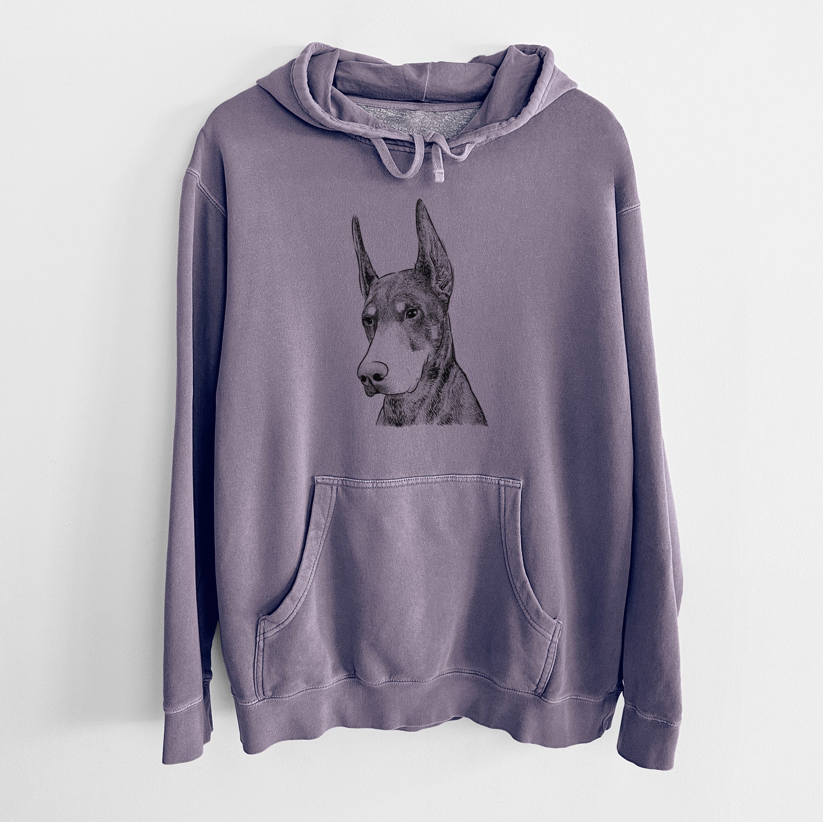 Hand-drawn sketch of Sunny the Doberman Pinscher on a Plum Unisex pigment dyed hoodie