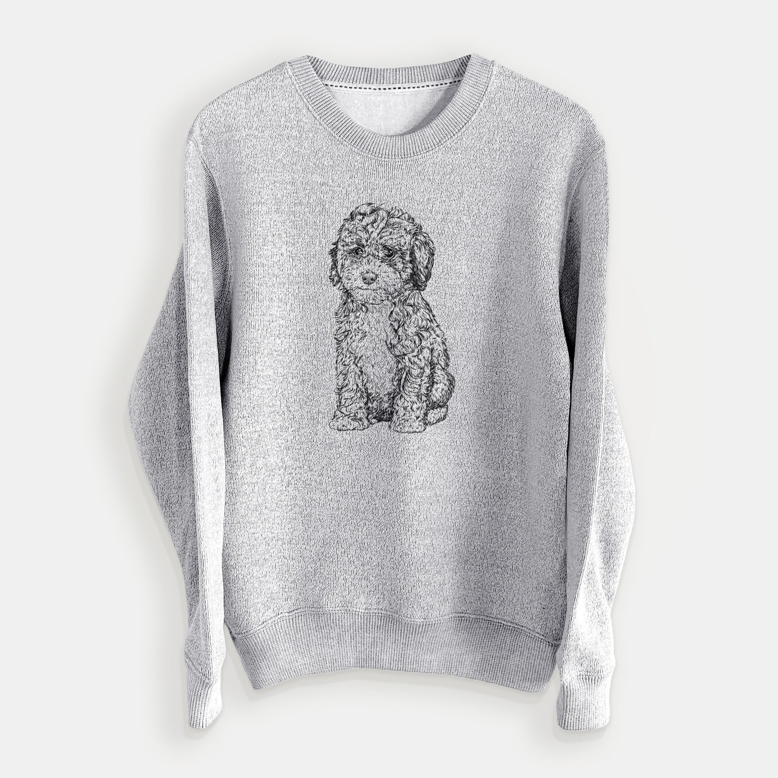 Hand-drawn sketch of Sweet Tea the Mini Doodle on a Salt Pepper knit sweatshirt