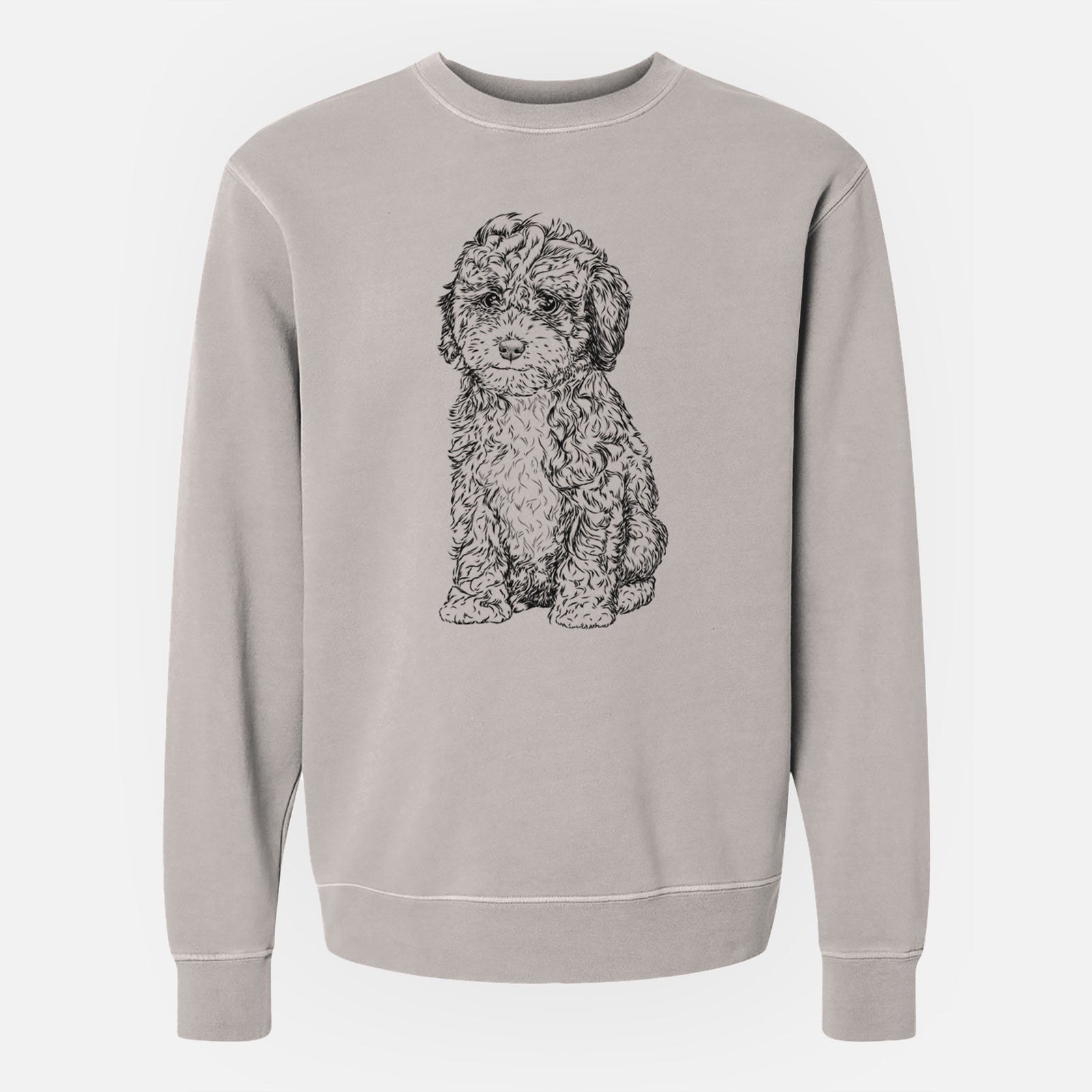 Hand-drawn sketch of Sweet Tea the Mini Doodle on a Cement Unisex pigment dyed crew sweatshirt