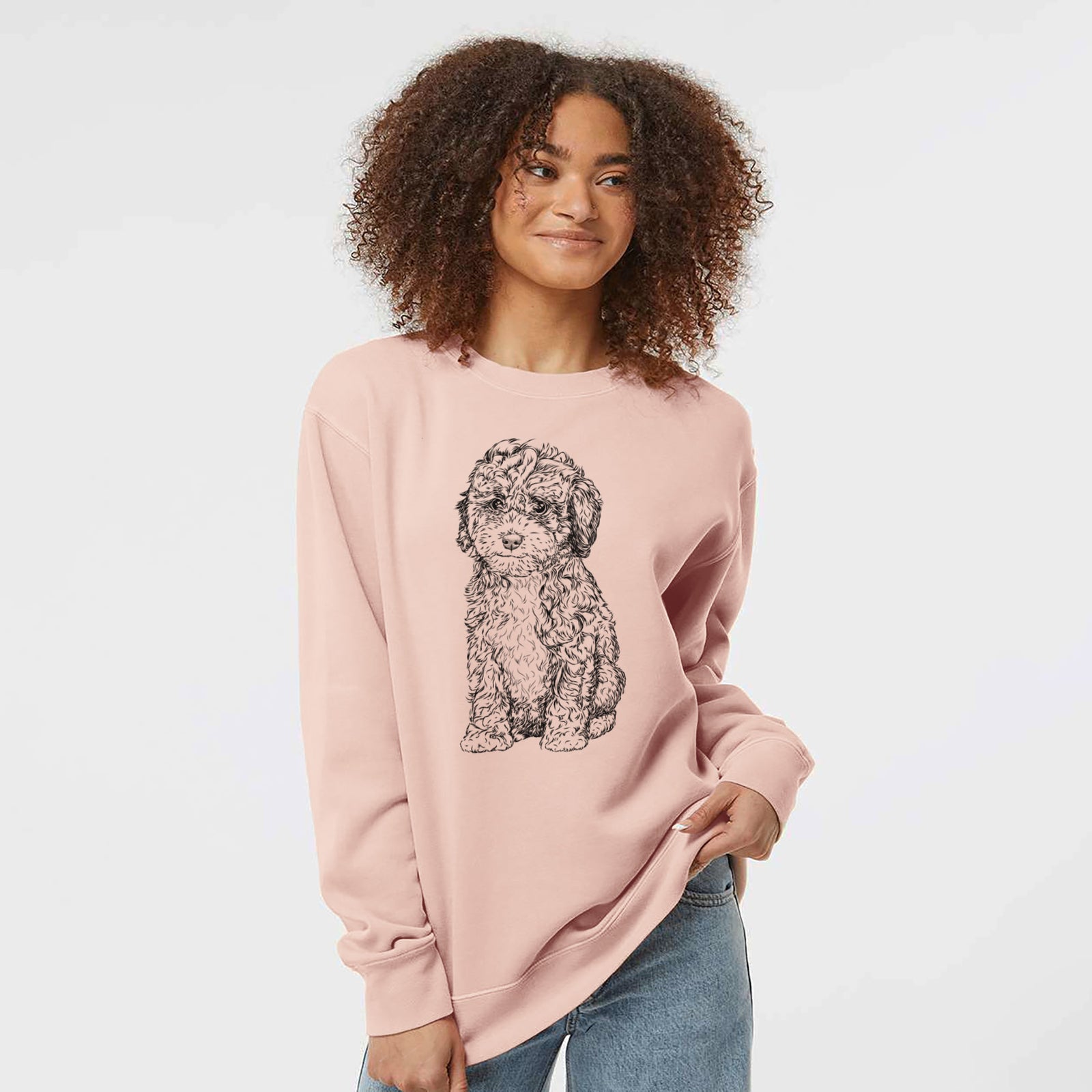 Hand-drawn sketch of Sweet Tea the Mini Doodle on a Dusty Pink Unisex pigment dyed crew sweatshirt