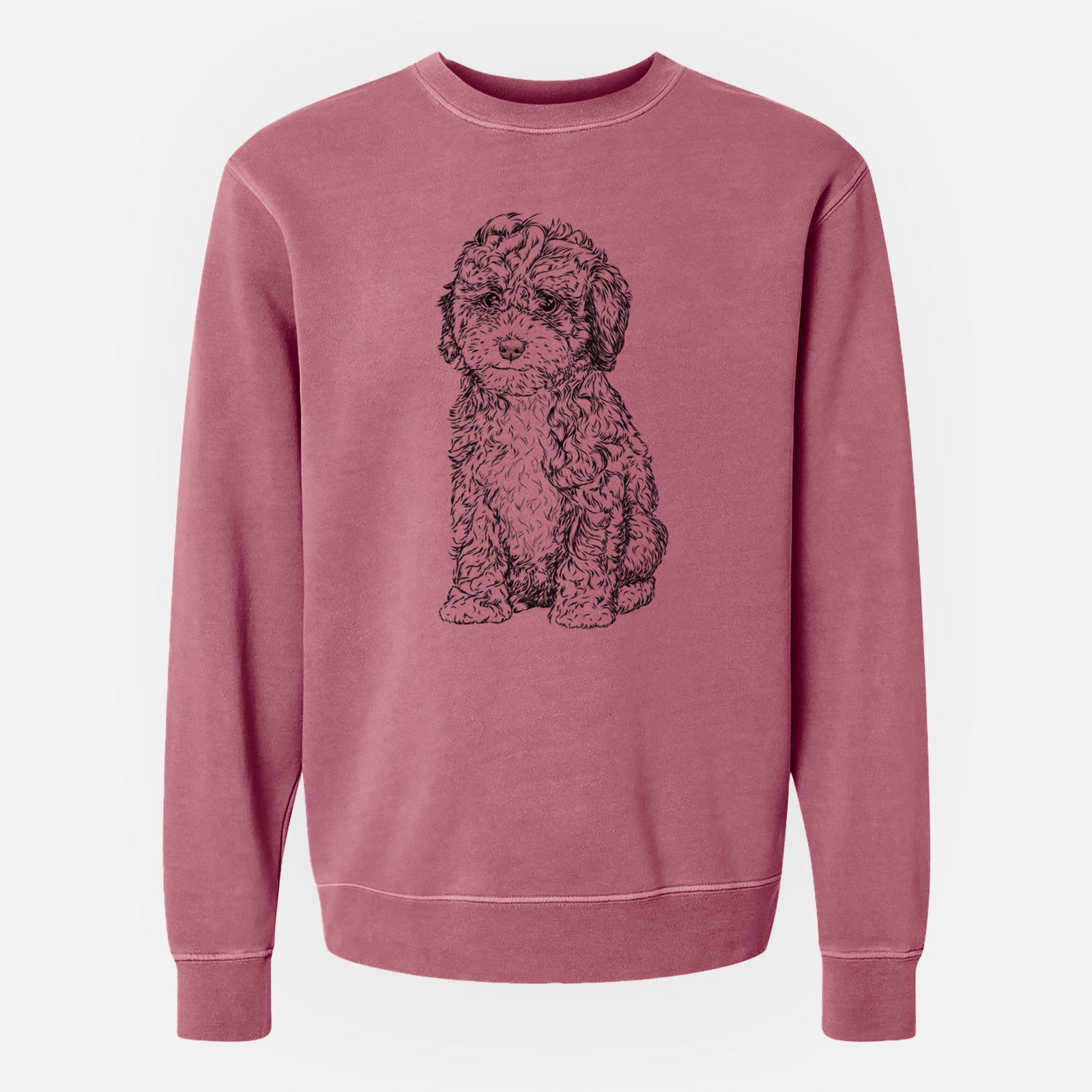 Hand-drawn sketch of Sweet Tea the Mini Doodle on a Maroon Unisex pigment dyed crew sweatshirt